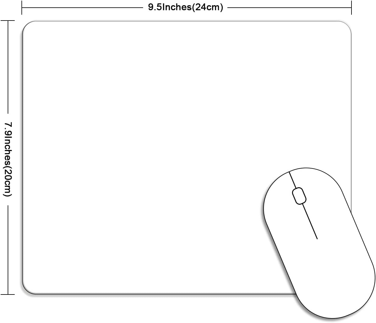 Diagramm eines rechteckigen Mauspads mit Maßen von 9,5 x 7,9 Zoll und einer Computermaus in der rechten unteren Ecke.