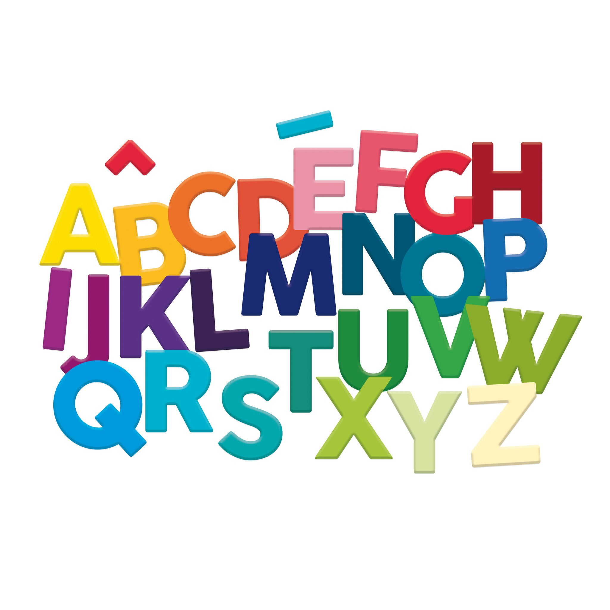 Bunte Buchstaben des englischen Alphabets in verschiedenen Farben und Schriftarten verstreut.