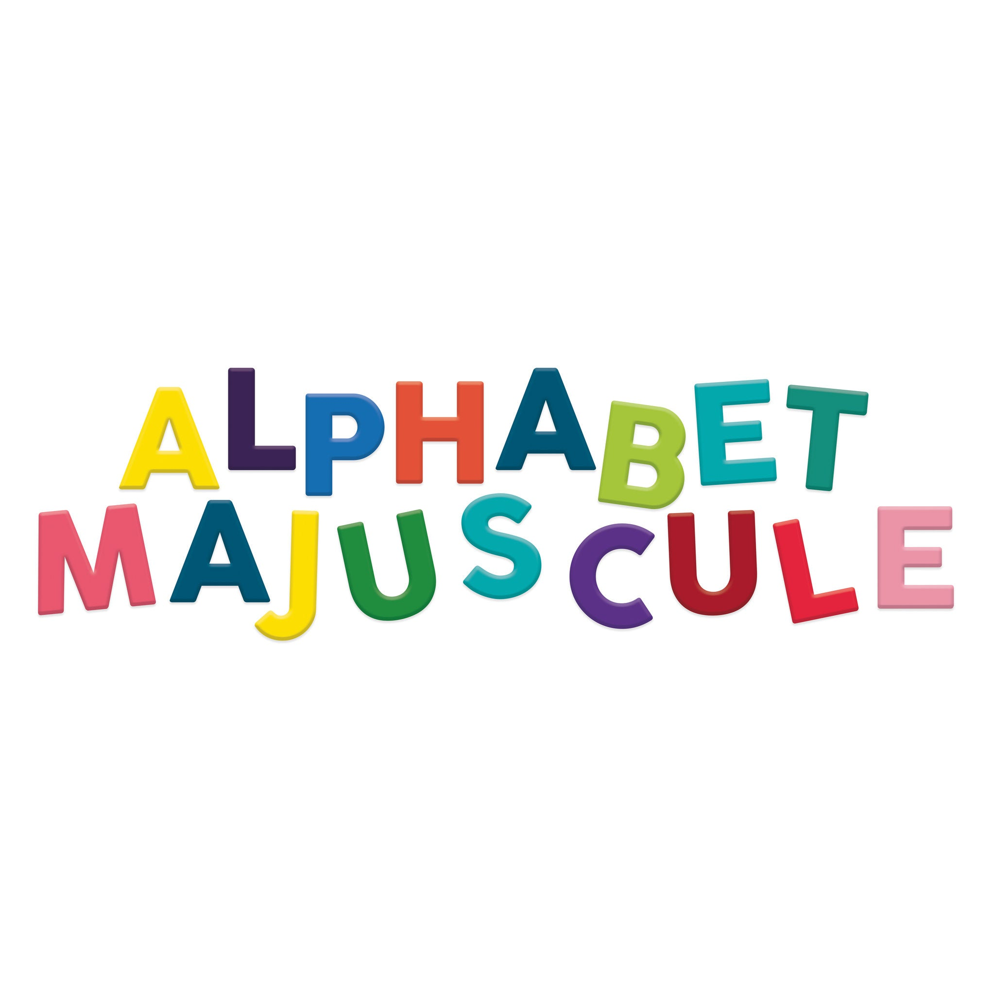 Bunte Buchstaben formen den Text 'ALPHABET MAJUSCULE' vor weißem Hintergrund.
