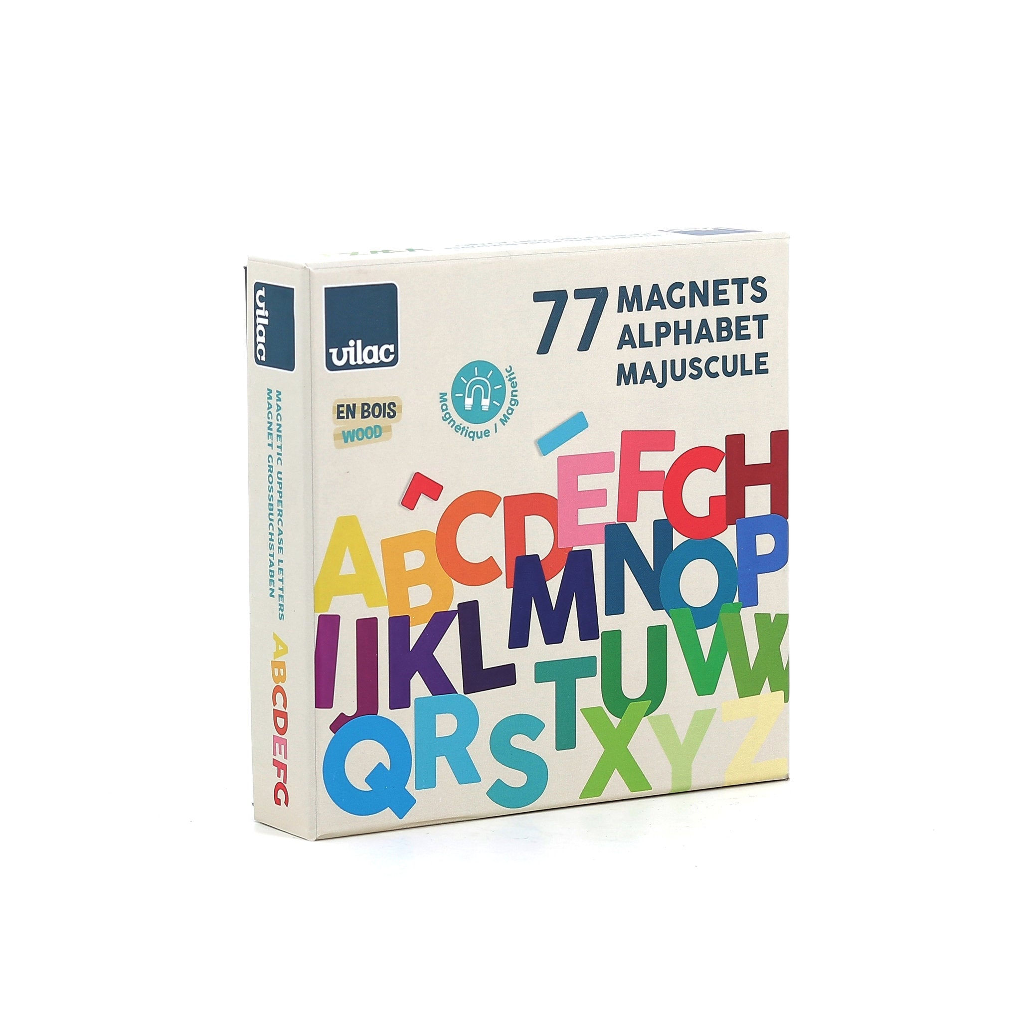 Eine weiße Verpackung für Vilac Holz-Magnetbuchstaben mit dem Alphabet in bunten Farben.