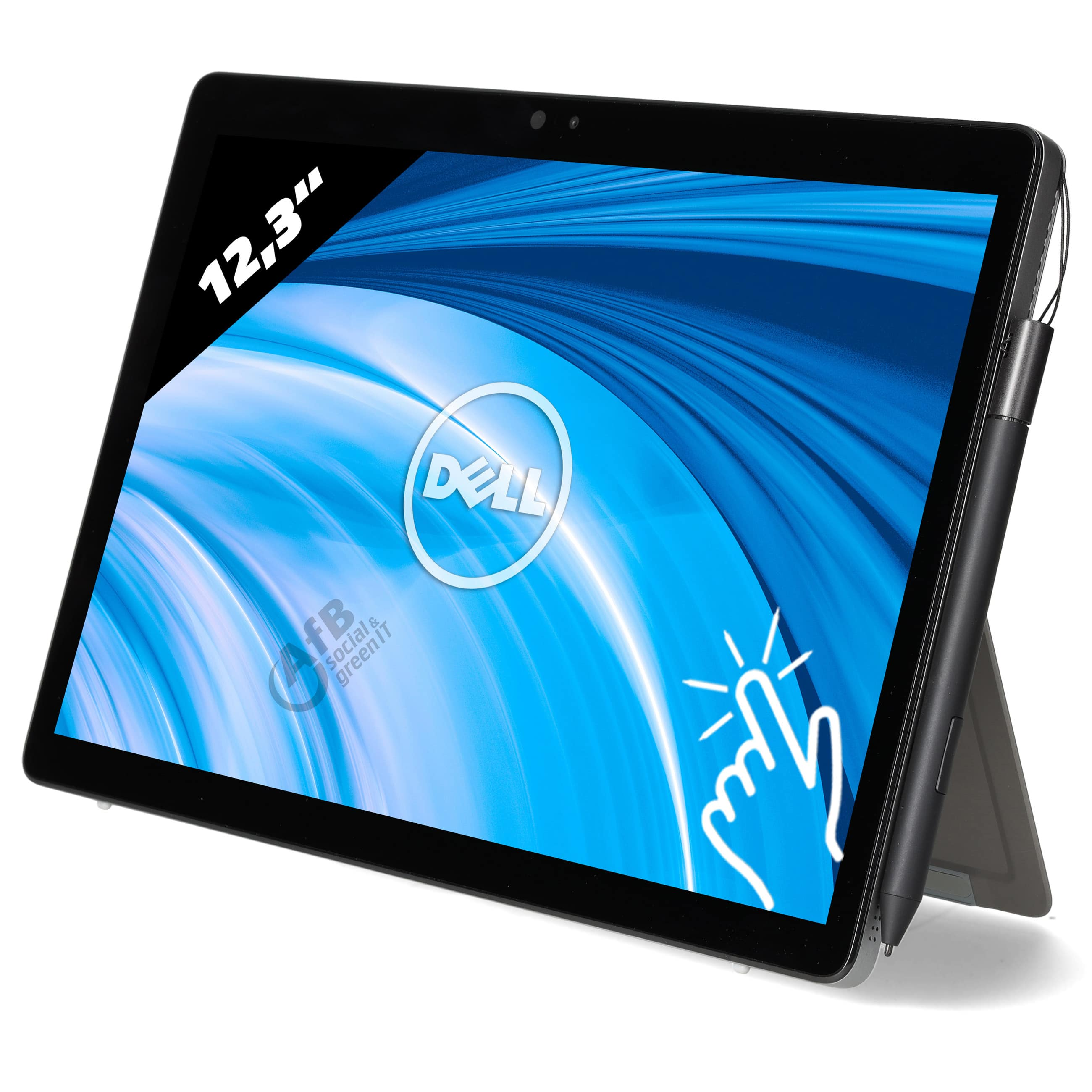 Dell Tablet mit 12,3-Zoll-Bildschirm, blauem Hintergrund und Stylus.