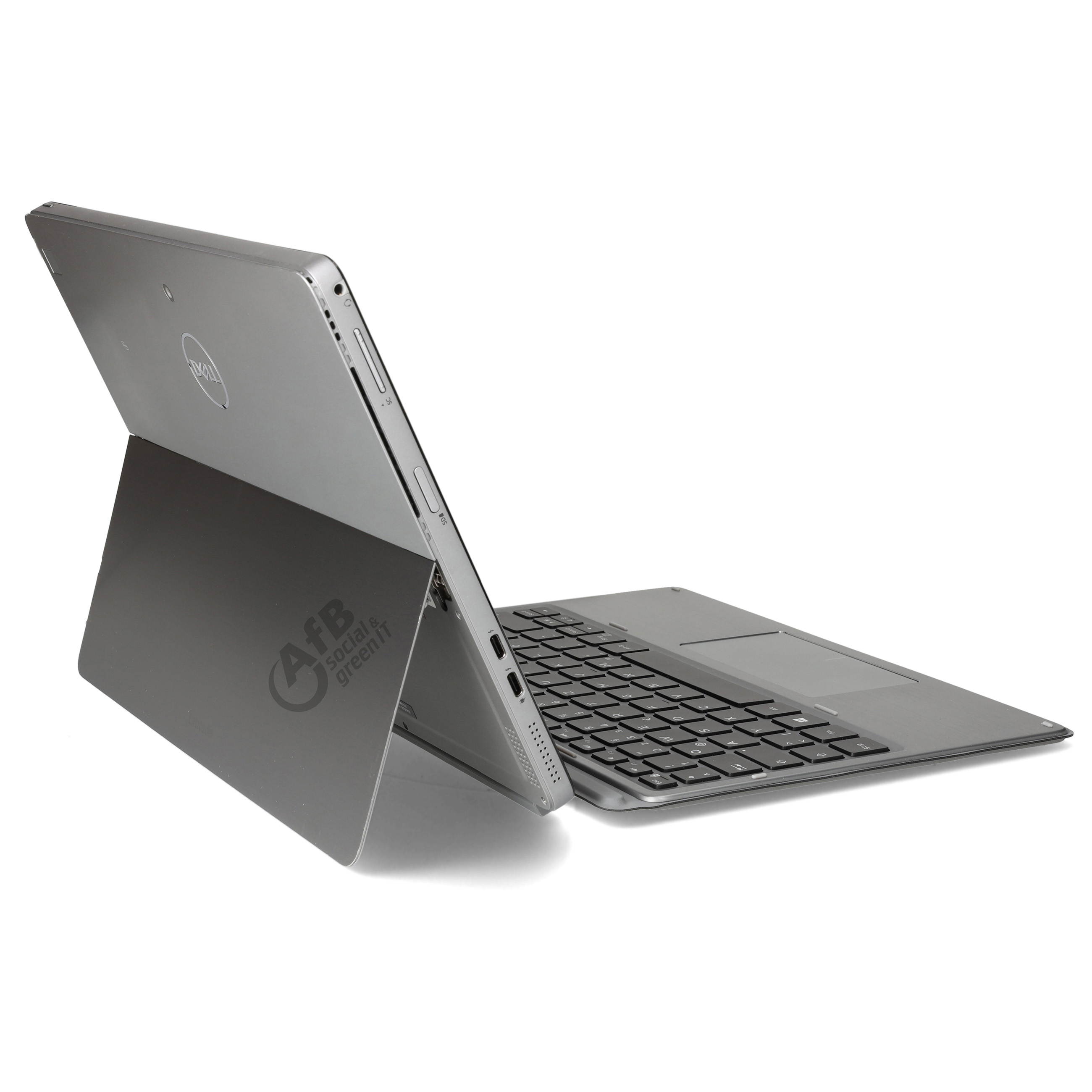 Ein graues 2-in-1-Laptop mit Ständer und abnehmbarer Tastatur auf weißem Hintergrund.