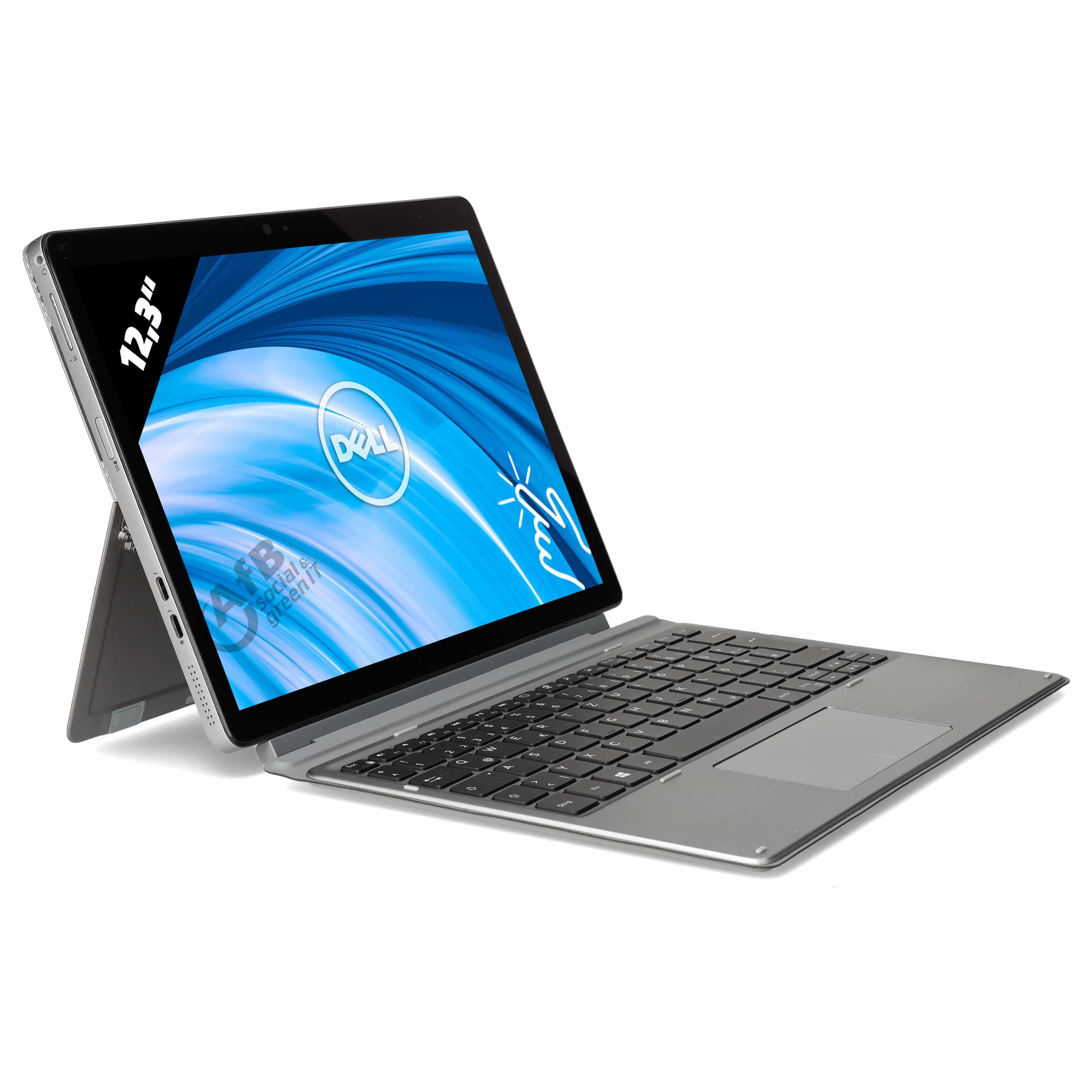 Dell Tablet mit angesteckter Tastatur und blauem Hintergrund auf dem Bildschirm.