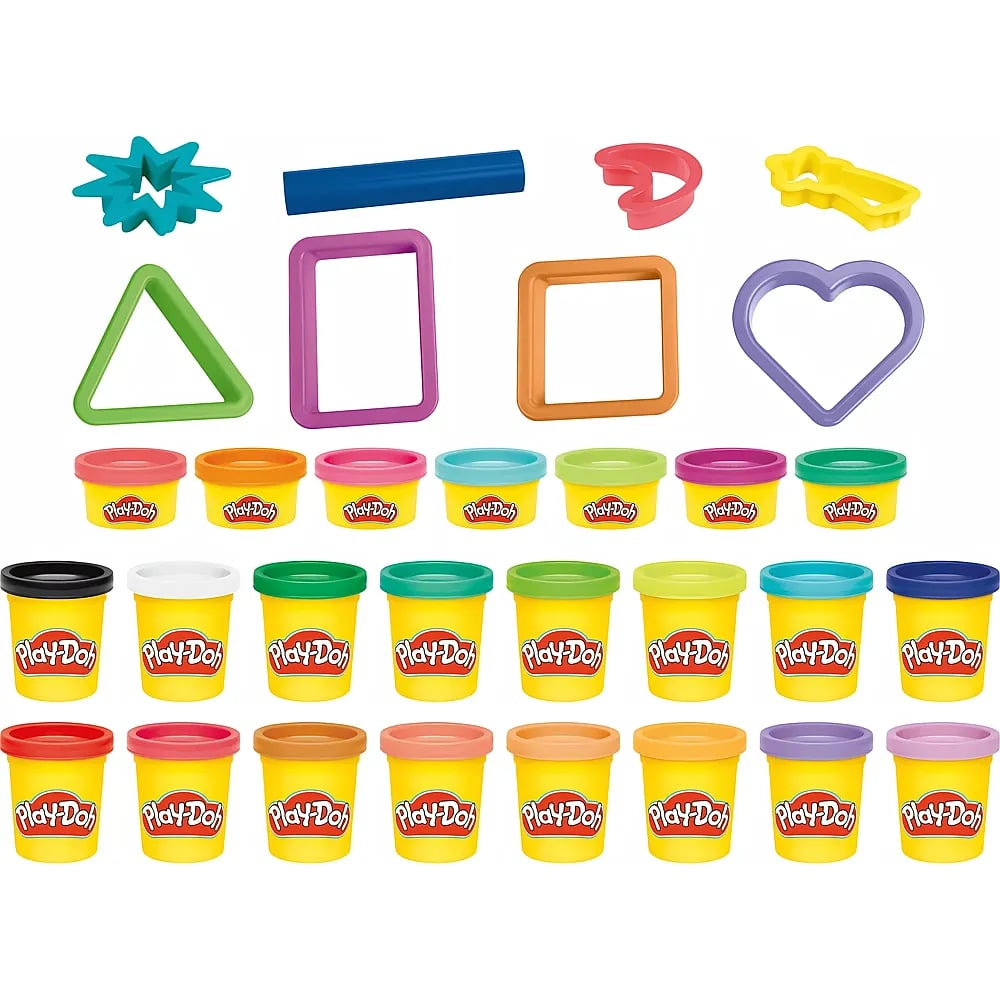 Play-Doh Set mit bunten Knete-Dosen und verschiedenen Ausstechformen auf weißem Hintergrund.