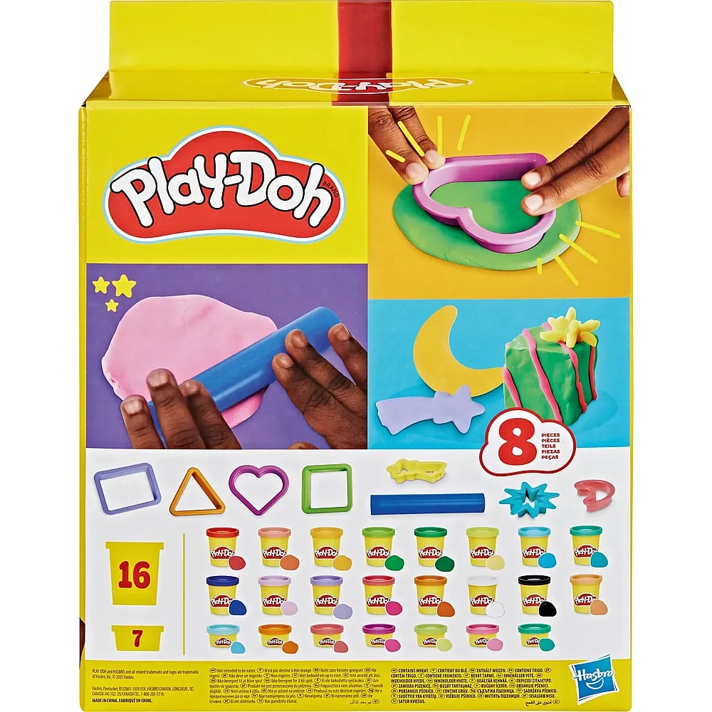 Play-Doh Verpackung mit bunten Knetdosen, Formen und spielenden Händen.
