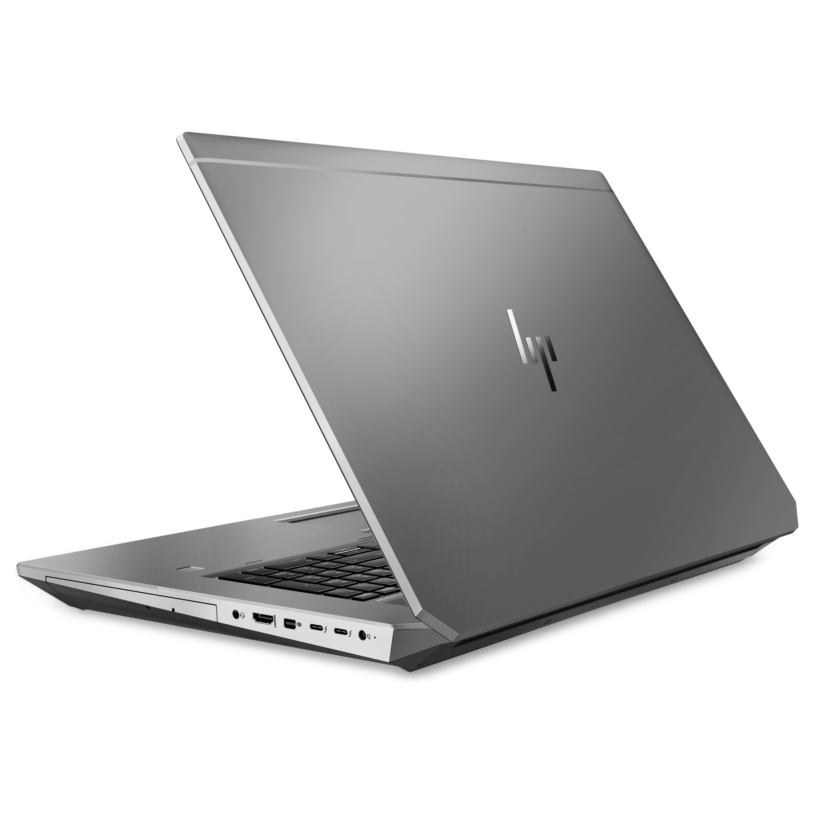 Ein silberner Laptop mit geschlossenem Deckel, HP-Logo, Tastatur und Anschlüssen auf weißem Hintergrund.