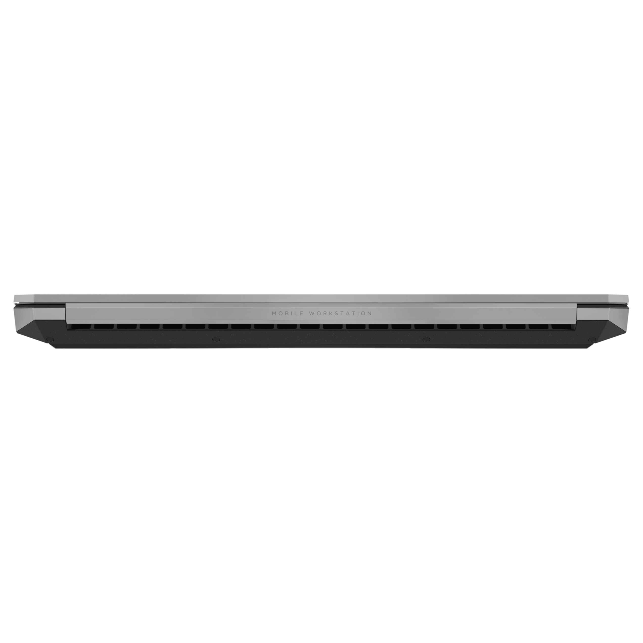 Rückseite eines silbernen Laptops mit schwarzer Lüftung und der Aufschrift MOBILE WORKSTATION.