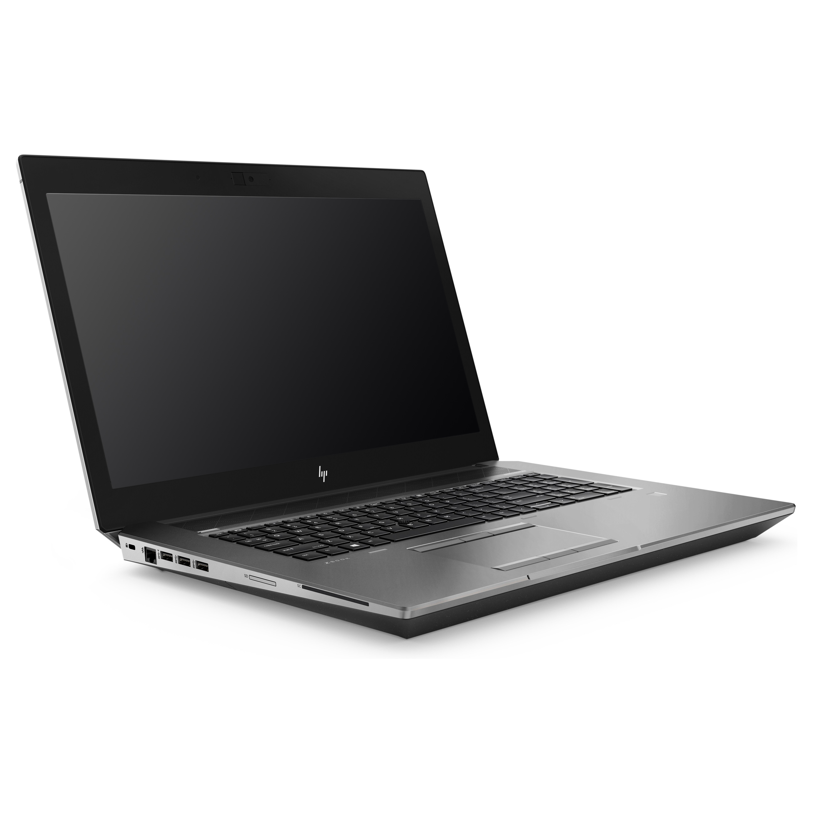 Ein grauer Laptop steht auf weißem Hintergrund, seitlich fotografiert mit sichtbaren Anschlüssen.