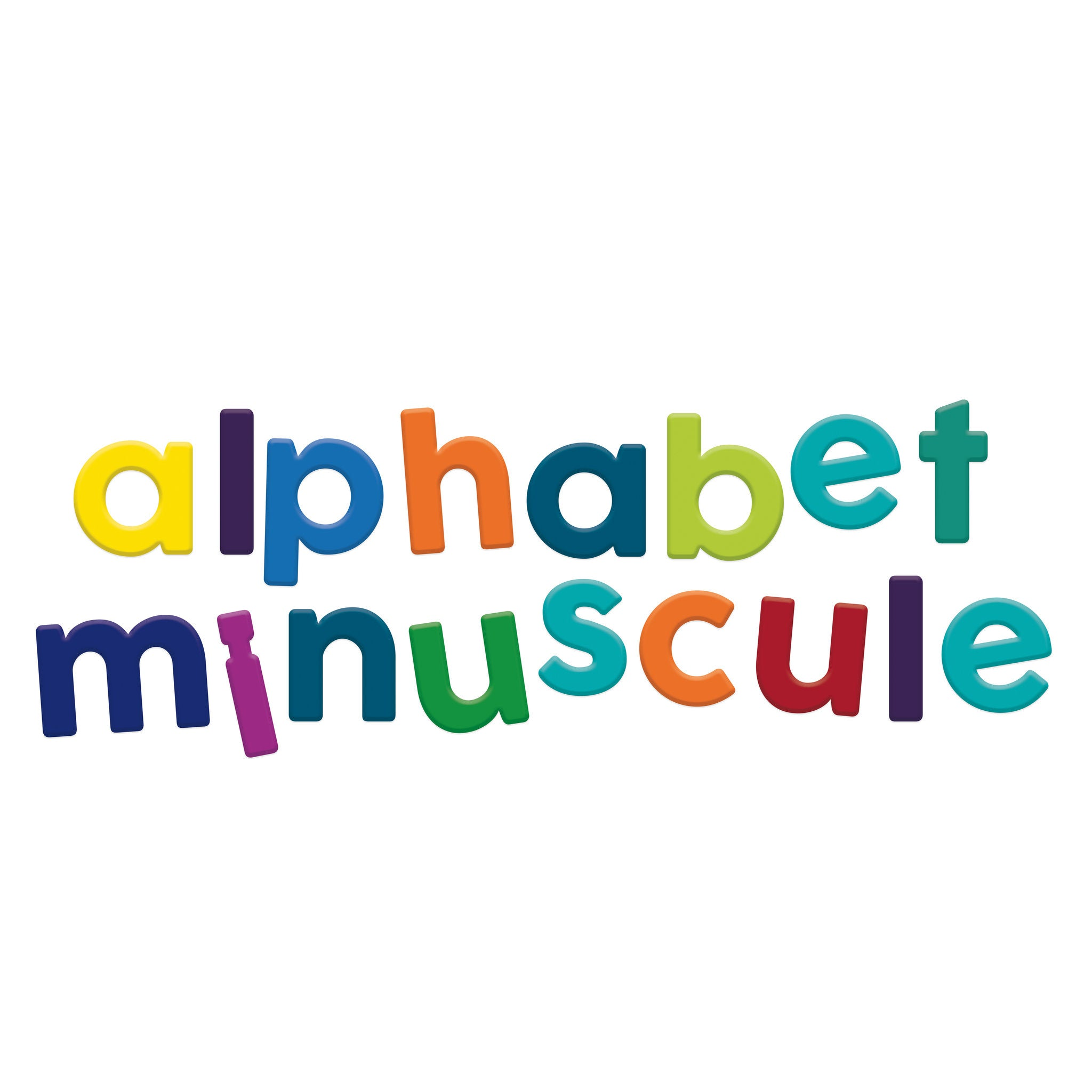Die bunten Wörter "alphabet minuscule" sind in Kleinbuchstaben auf weißem Hintergrund dargestellt.
