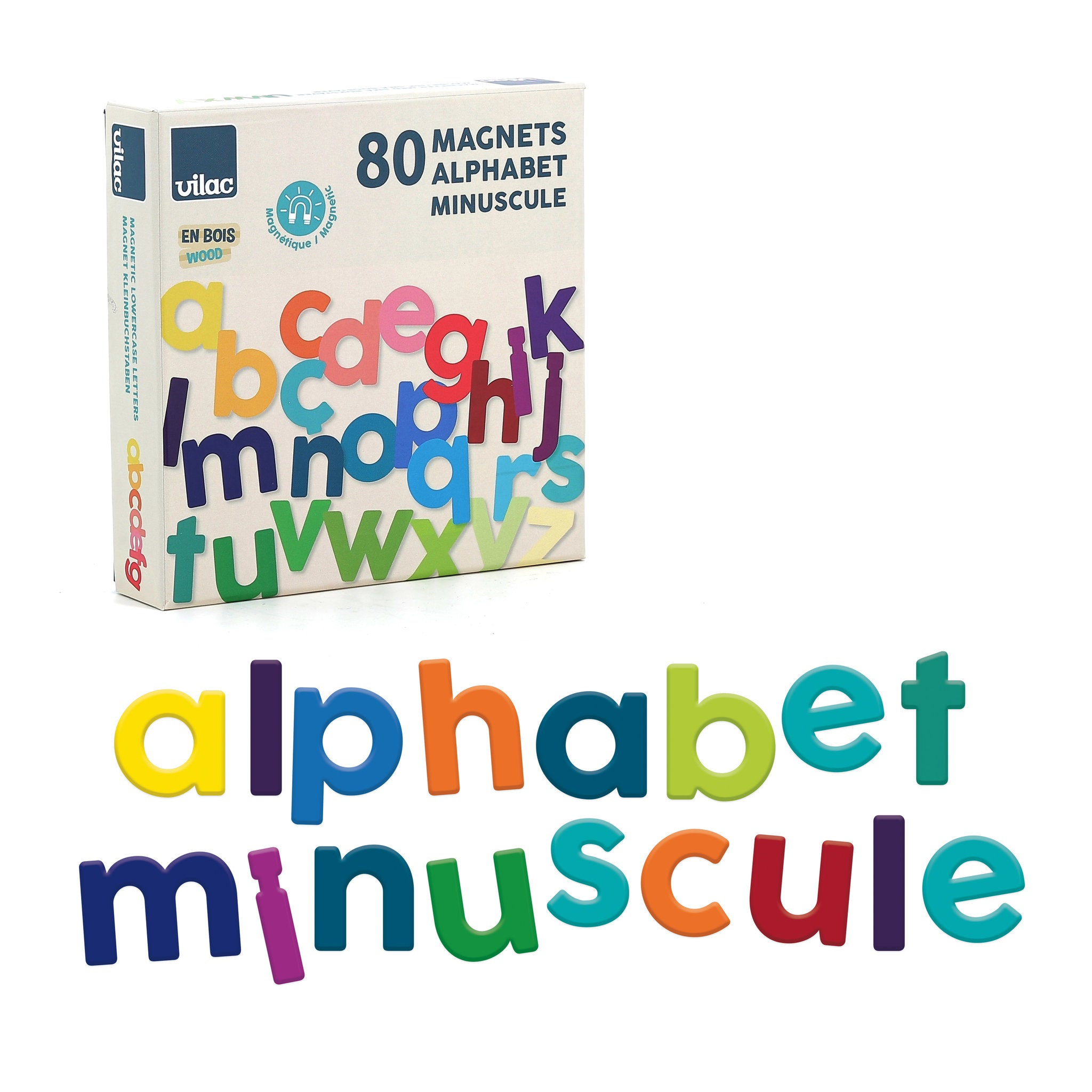 Produktverpackung mit bunten Holzbuchstaben-Magneten und dem Aufdruck 80 MAGNETS ALPHABET MINUSCULE.