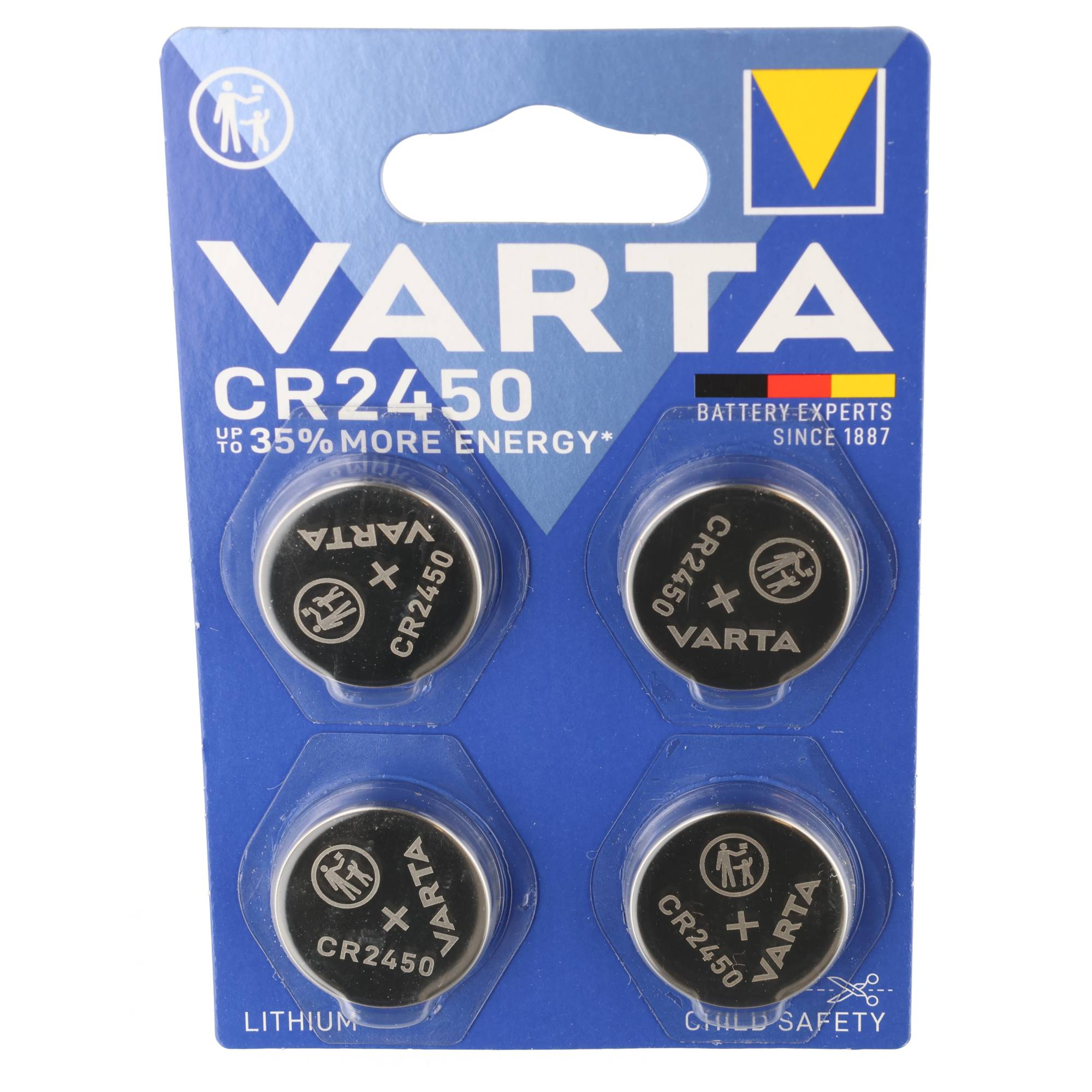 Four VARTA CR2450 lithium coin cell batteries in a blue blister pack with safety icons.