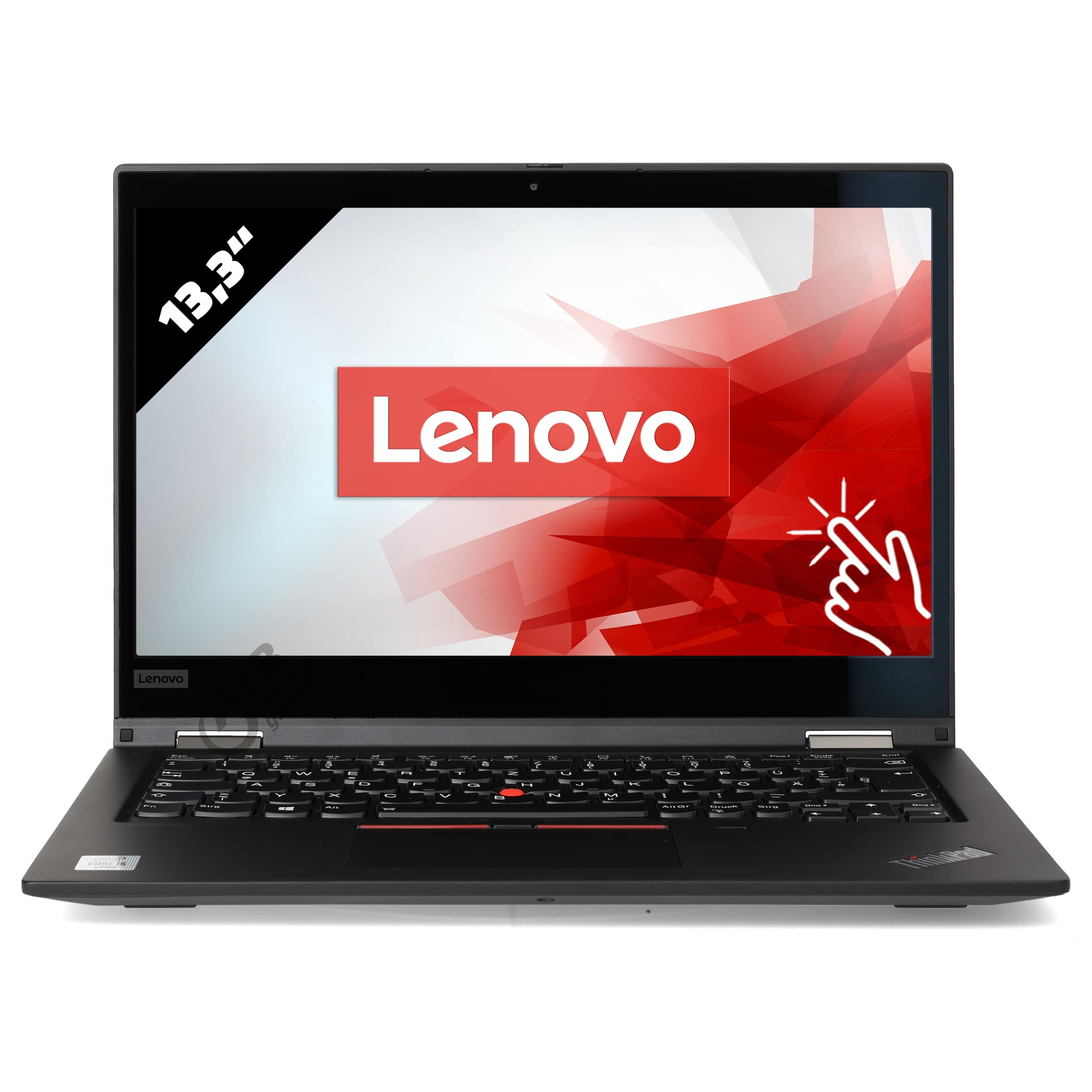 Schwarzer Lenovo-Laptop mit 13,3-Zoll-Bildschirm und roter Akzentgrafik.