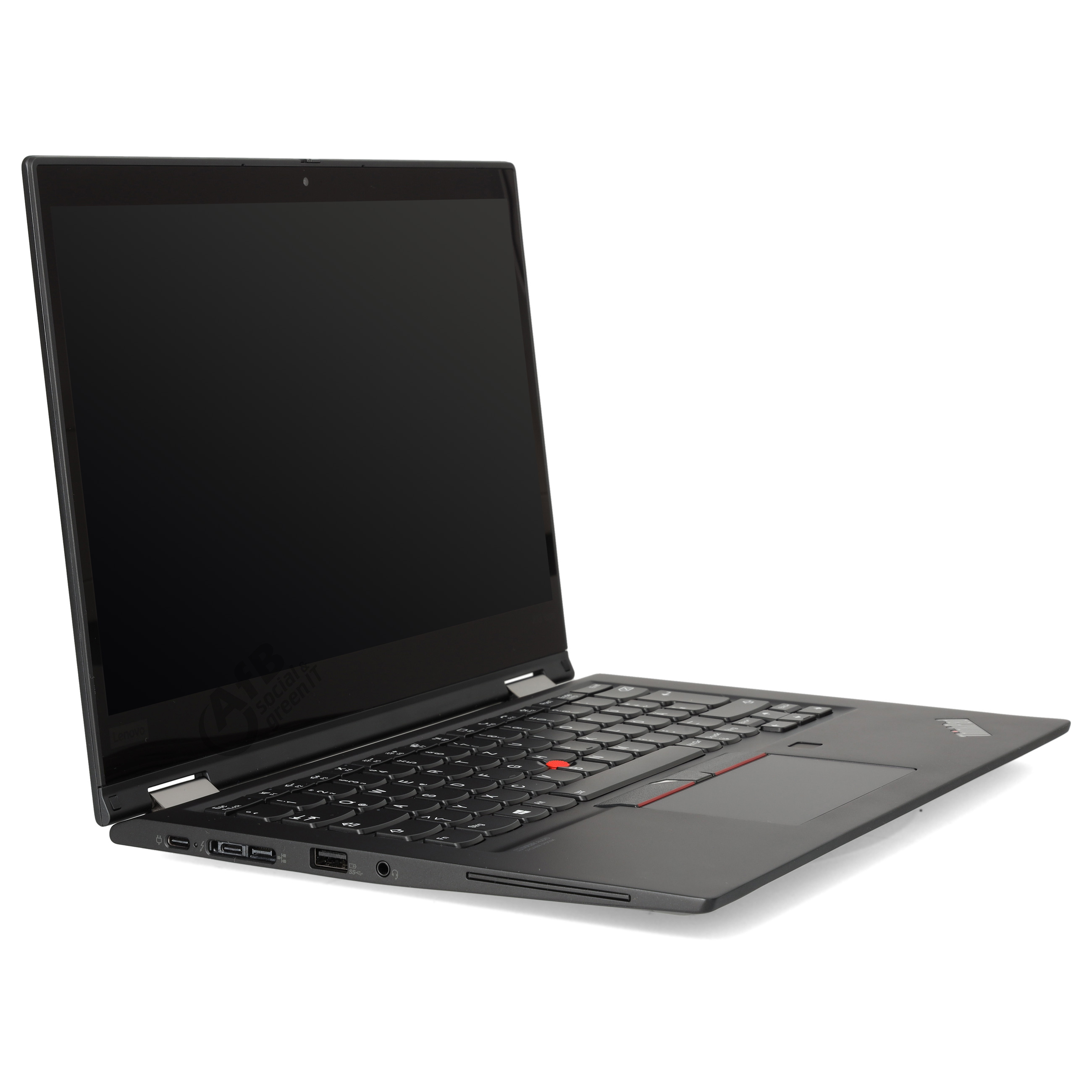 Geöffneter schwarzer Lenovo ThinkPad Laptop seitlich auf weißem Hintergrund.