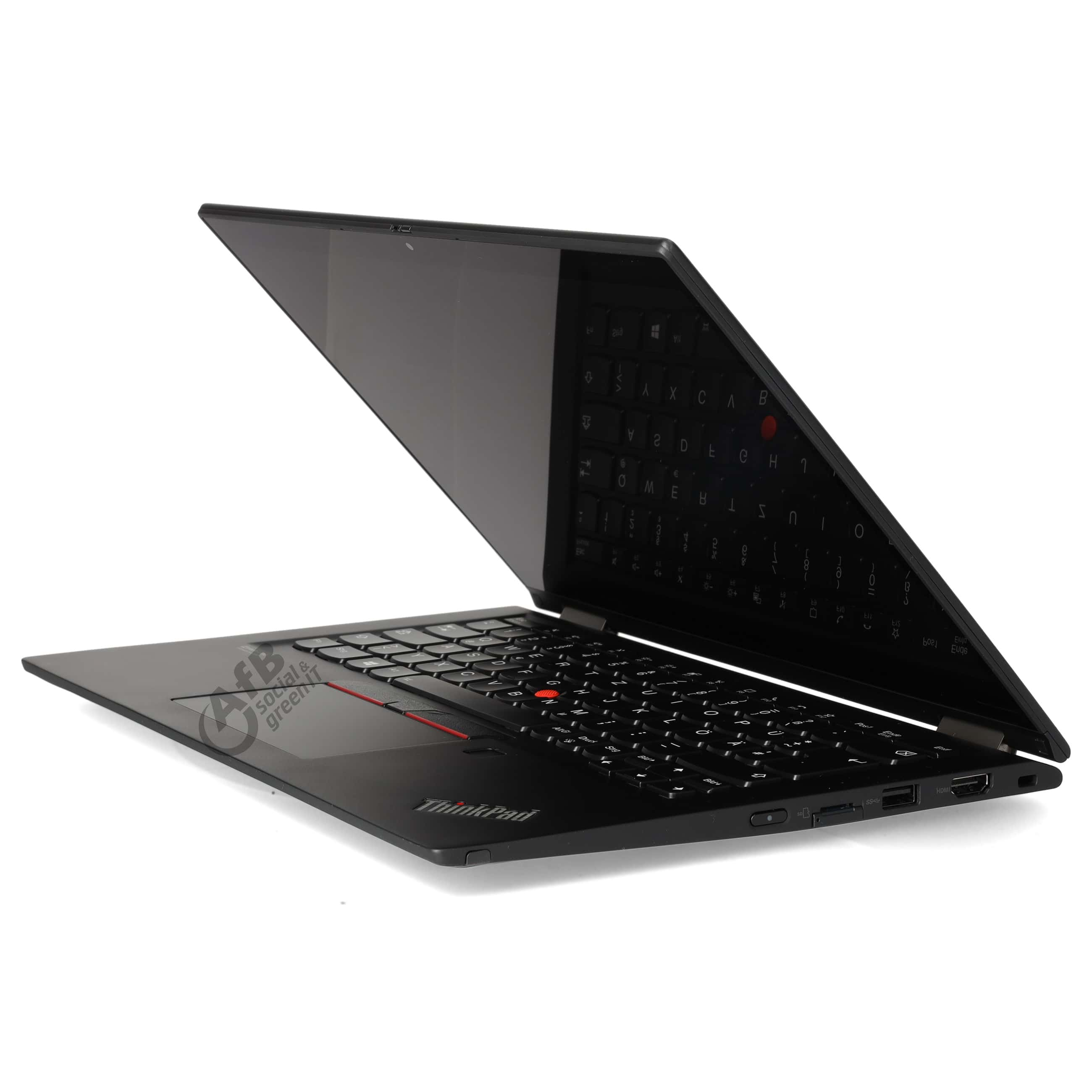 Ein schwarzer Lenovo ThinkPad Laptop mit geöffnetem Bildschirm in einer Seitenansicht auf weißem Hintergrund.