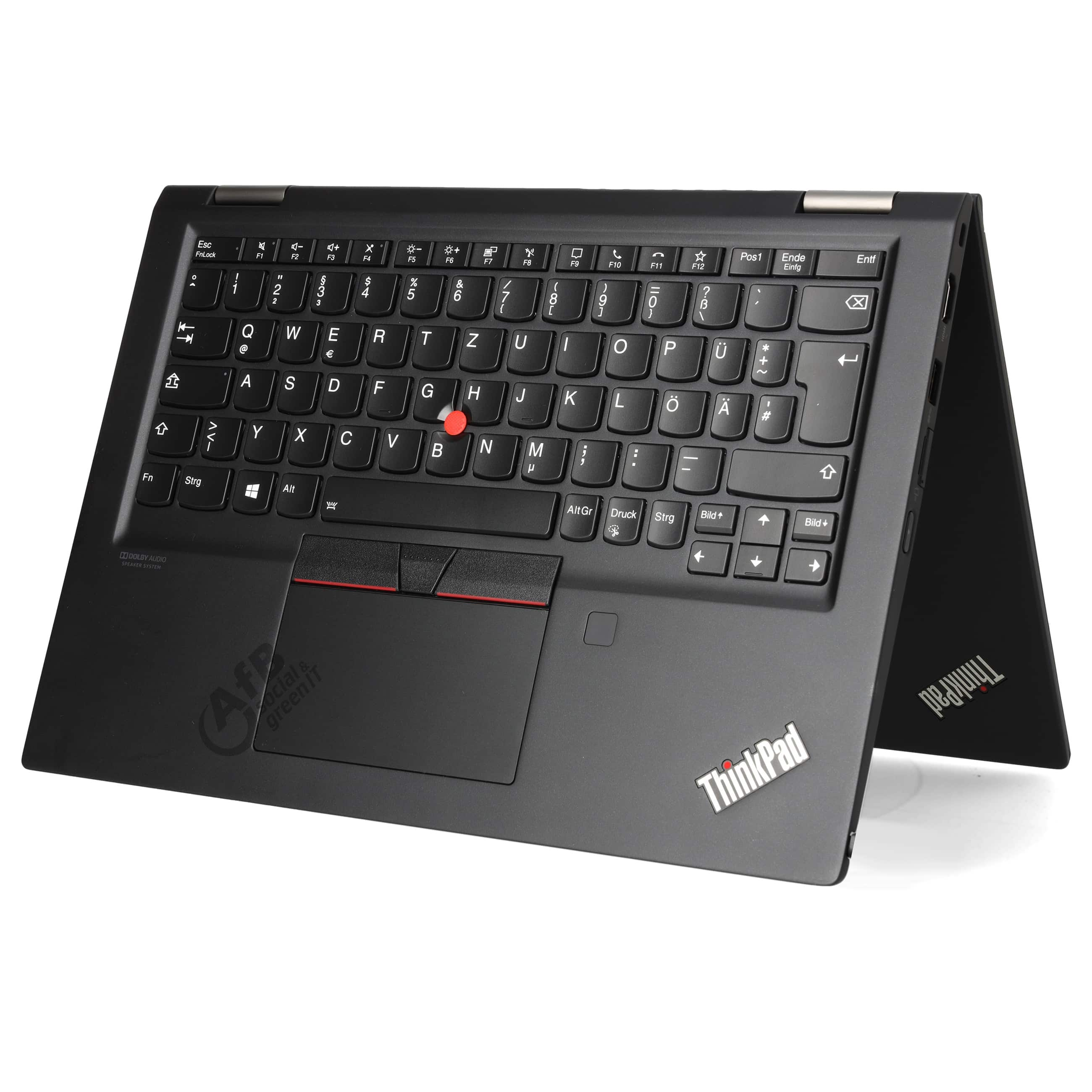 Eine schwarze ThinkPad-Tastatur im Zeltmodus mit deutschem QWERTZ-Layout und rotem TrackPoint.