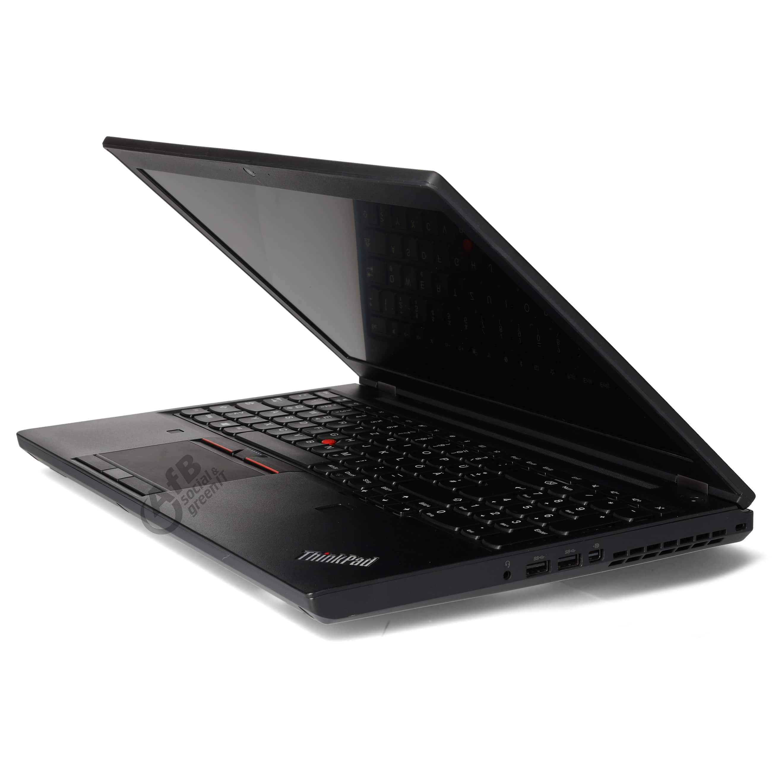 Ein schwarzes Lenovo ThinkPad Laptop ist leicht geöffnet auf einer weißen Oberfläche dargestellt.
