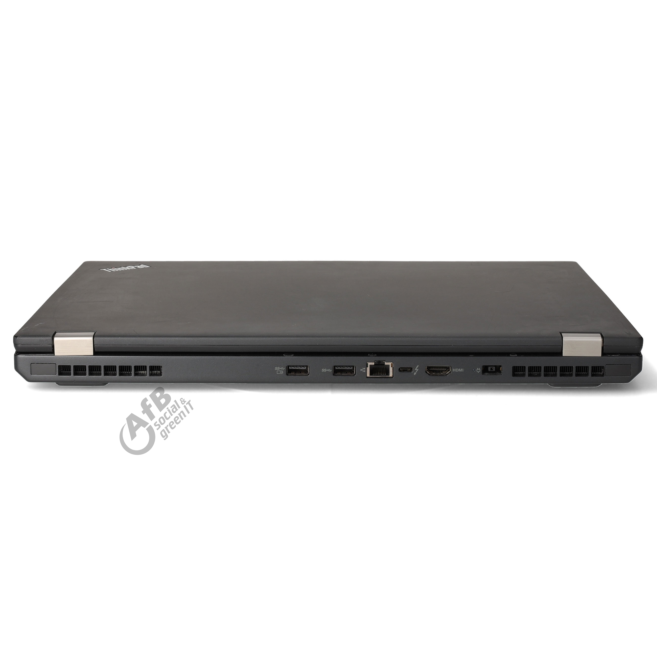 Rückseite eines geschlossenen schwarzen Laptops mit verschiedenen Anschlüssen auf einer weißen Fläche.
