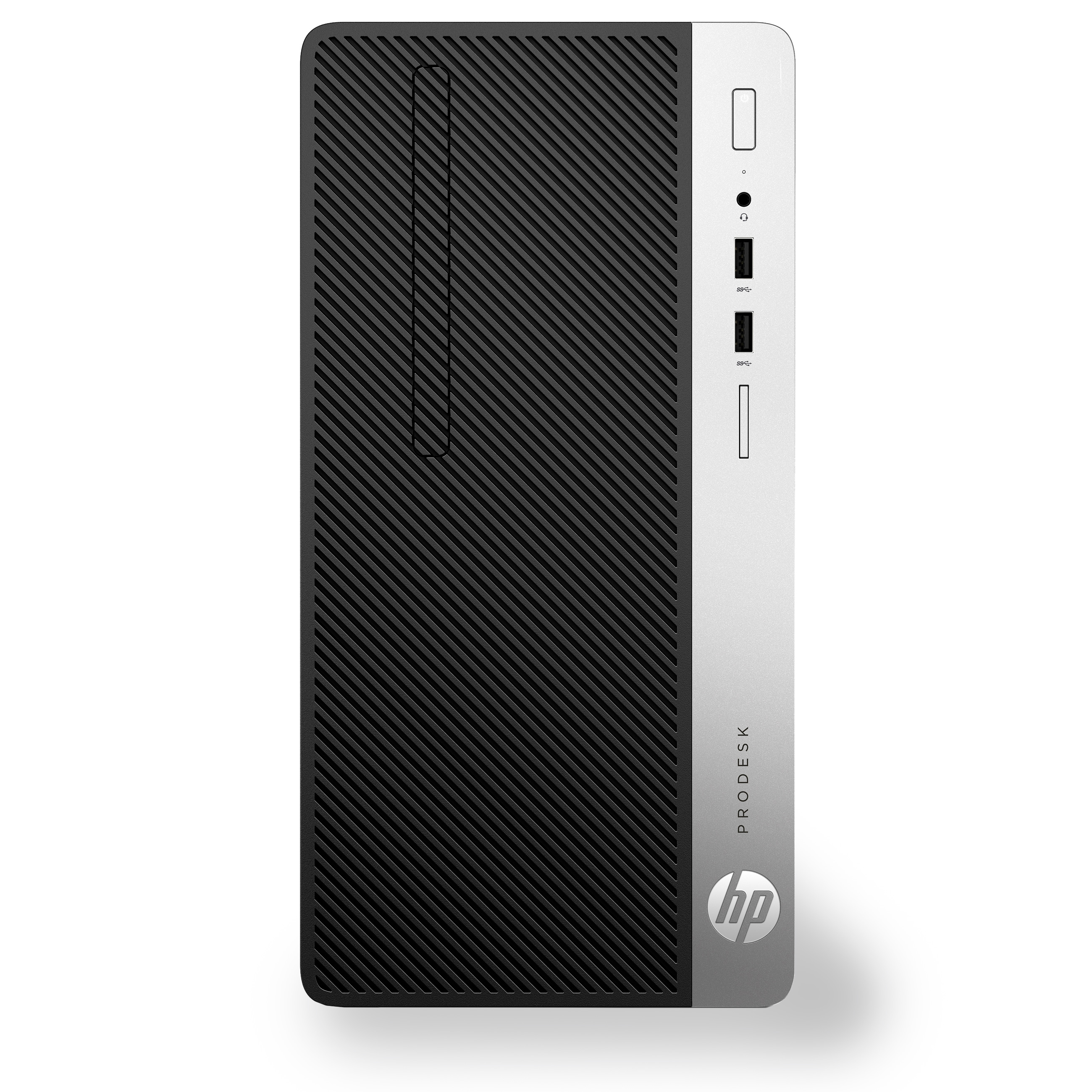 Vorderseite eines grauen und schwarzen HP ProDesk Desktop-PCs mit USB-Anschlüssen.