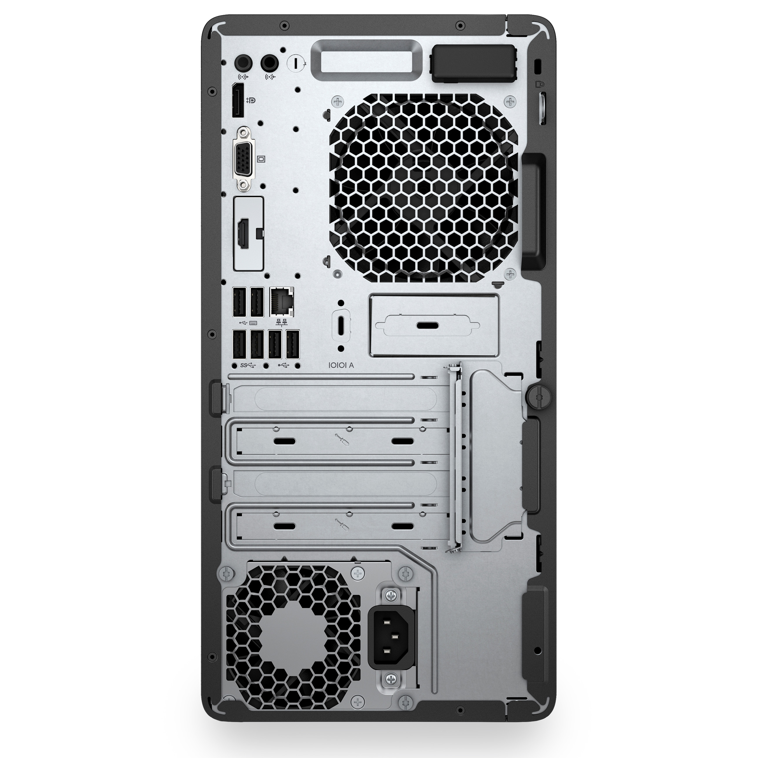 Rückseite eines Desktop-Computers mit Anschlüssen, Lüftern und Steckplätzen.