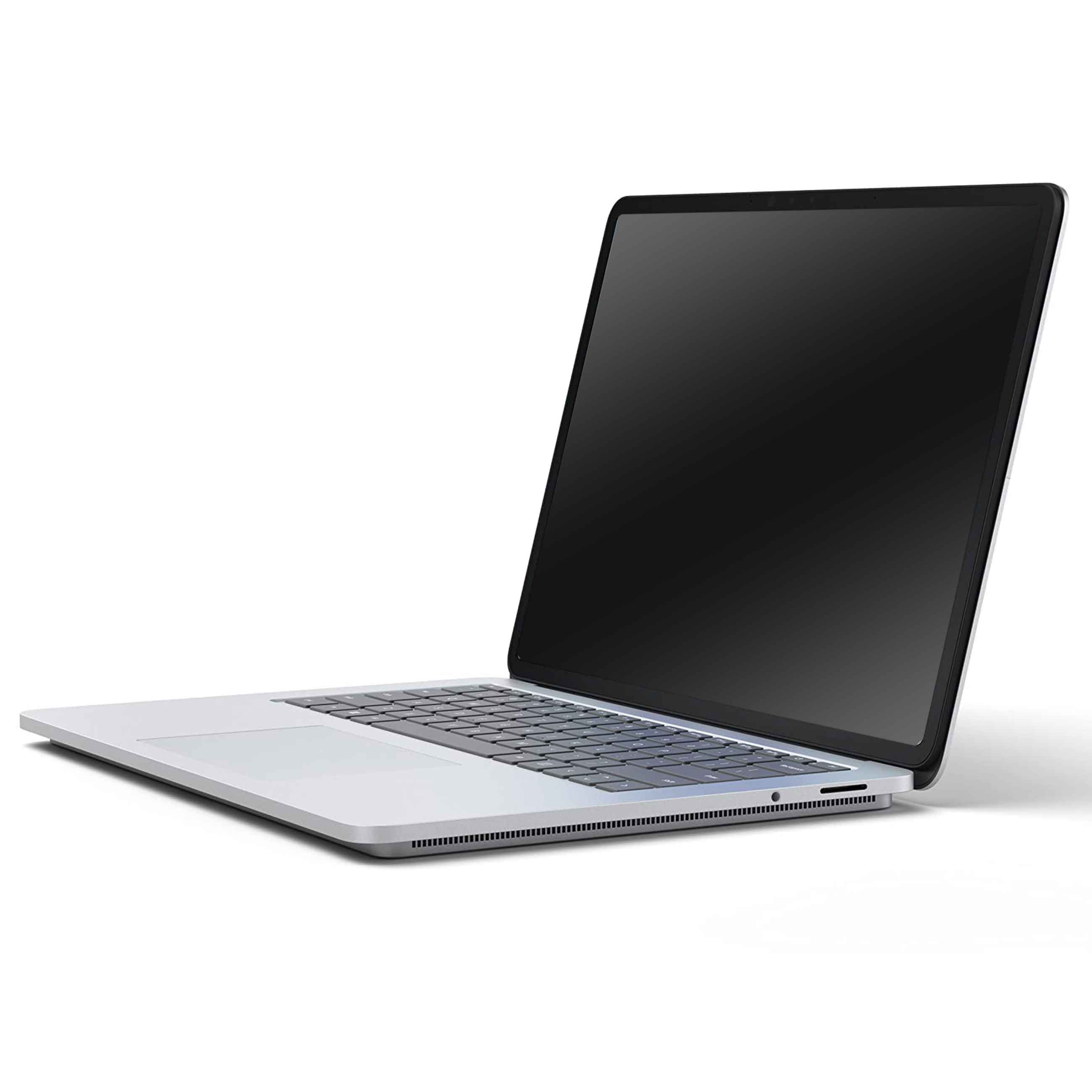 Ein silberner Laptop mit schwarzem Bildschirm steht auf einer weißen Oberfläche.