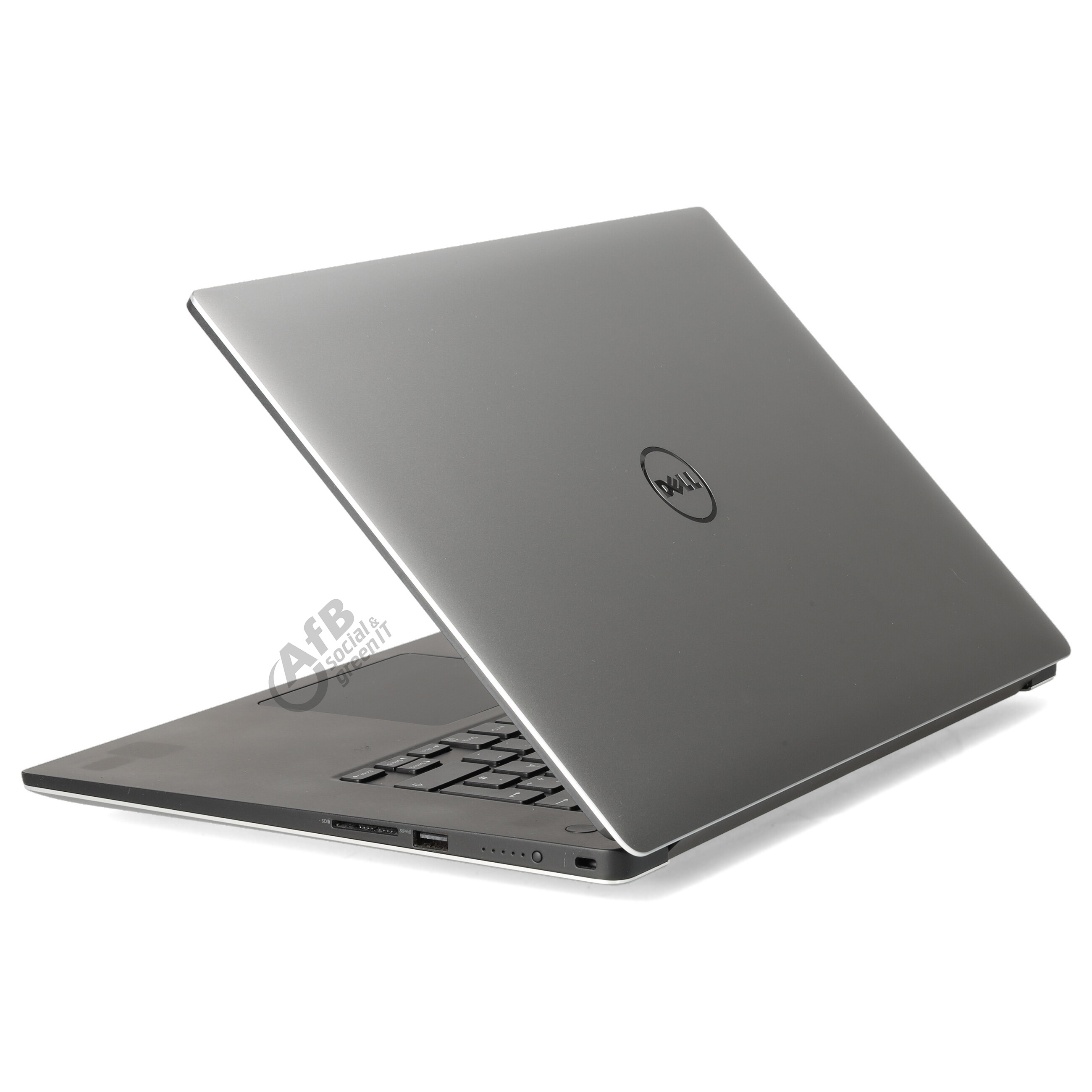 Ein grauer Dell-Laptop steht halb geöffnet auf weißem Hintergrund mit sichtbarem Logo und Tastatur.