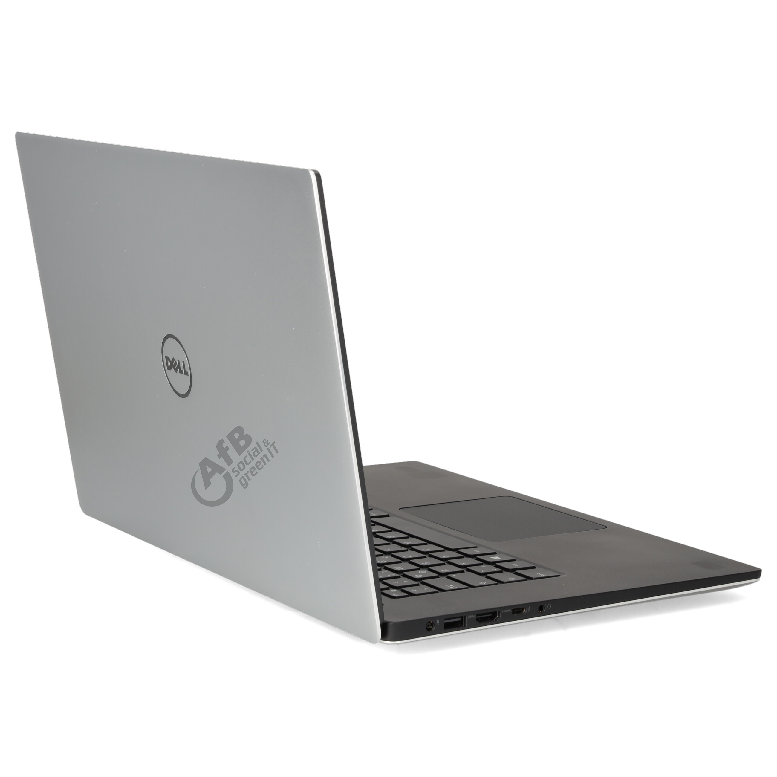 Ein silberner Dell Laptop mit AfB Logo auf dem Gehäuse steht schräg auf weißem Hintergrund.