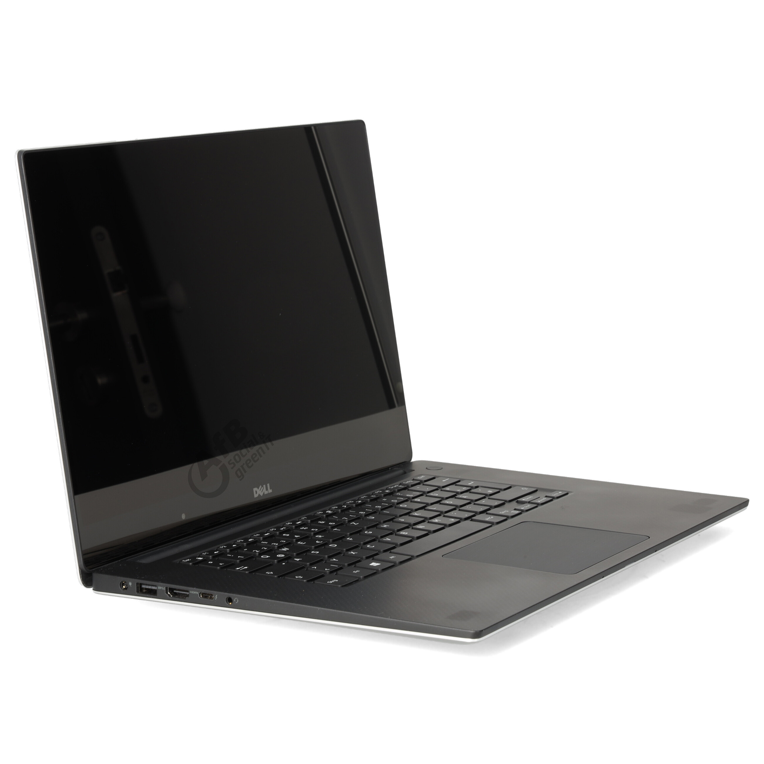 Ein offener schwarzer Dell-Laptop steht auf einer weißen Oberfläche mit sichtbarer Tastatur und schwarzem Bildschirm.