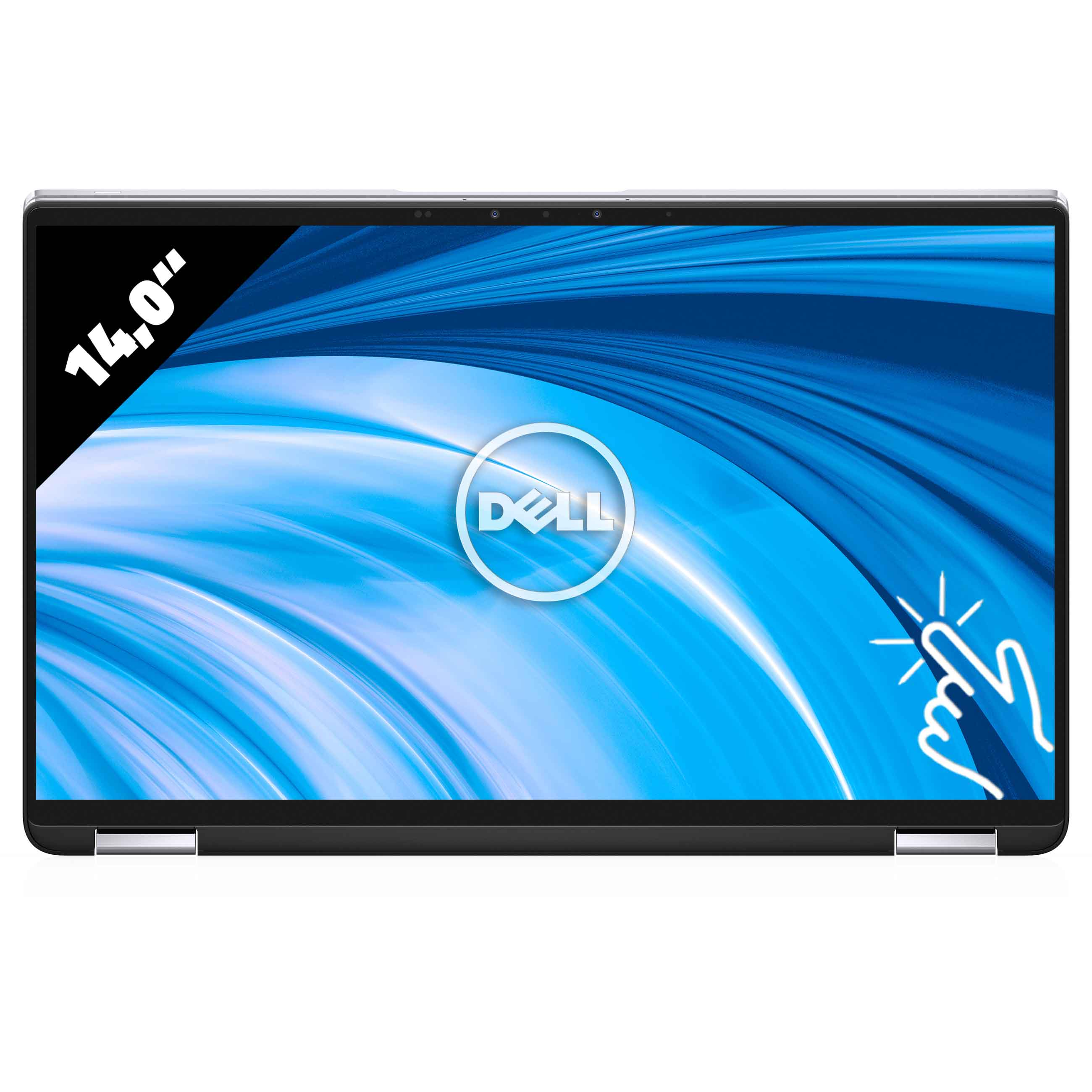 Frontansicht eines silbernen Dell-Laptops mit blauem Bildschirm und der Aufschrift 14,0 Zoll.