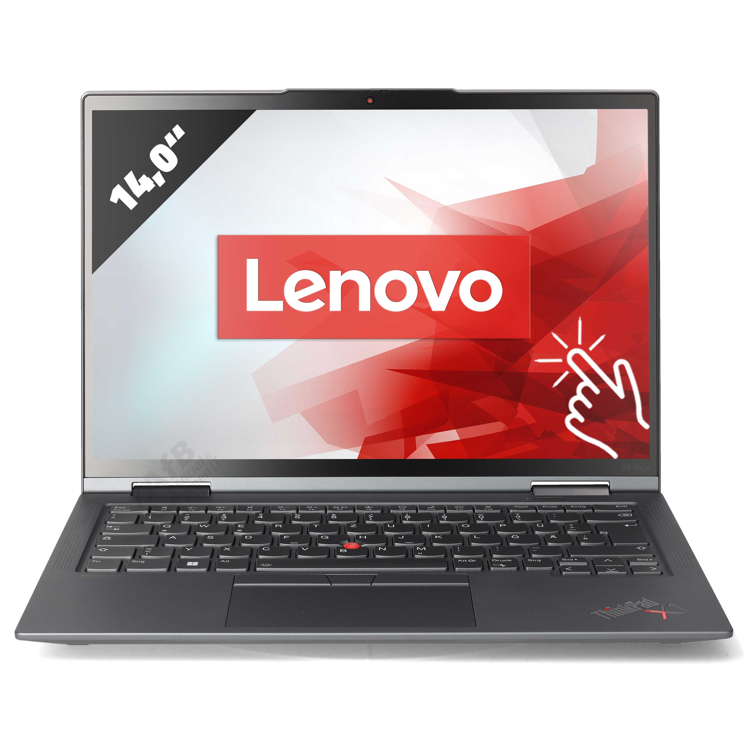 Ein Lenovo Laptop mit 14-Zoll-Bildschirm und deutscher Tastatur auf weißem Hintergrund.