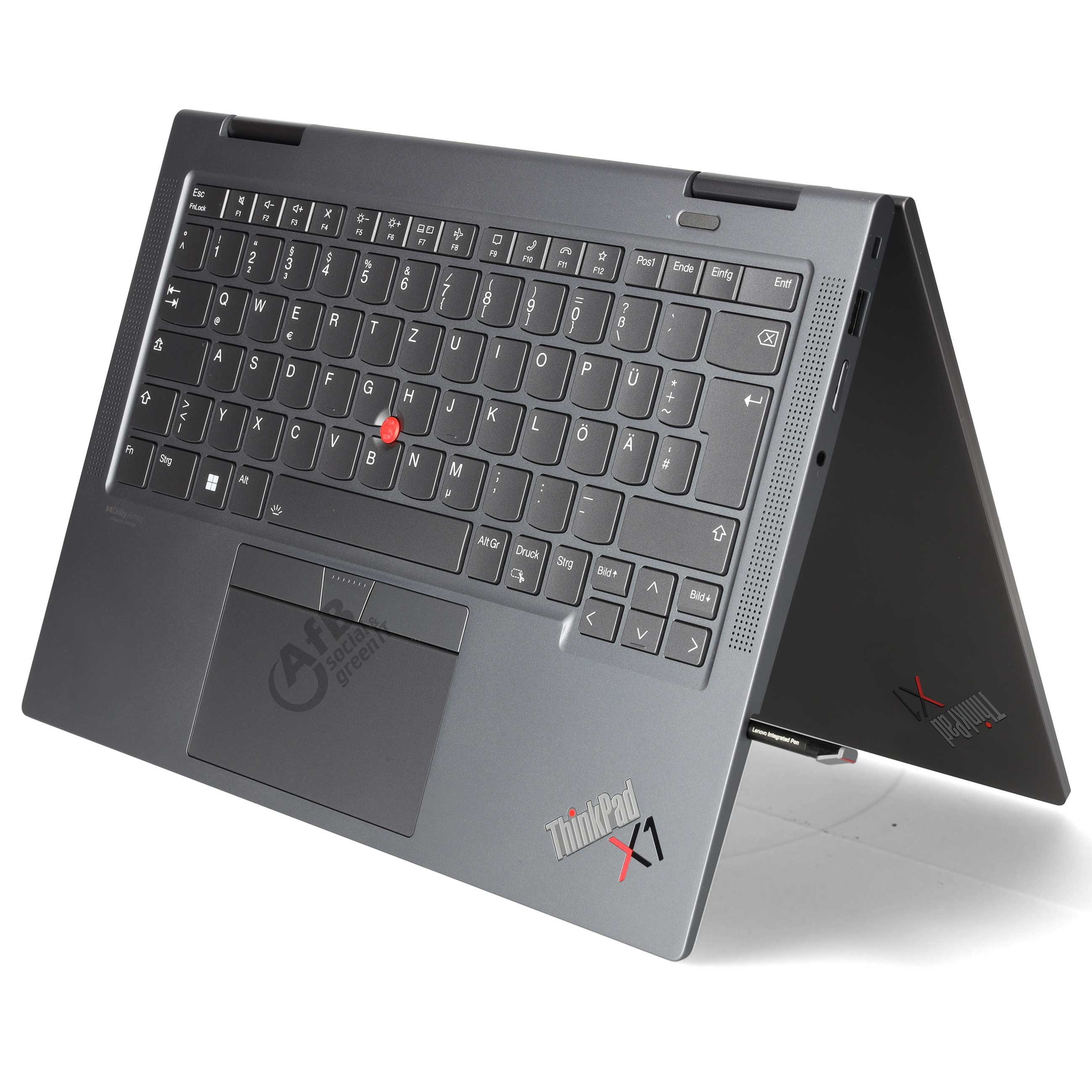 Grauer Laptop im Zeltmodus mit deutschem QWERTZ-Tastaturlayout und integriertem Stift.