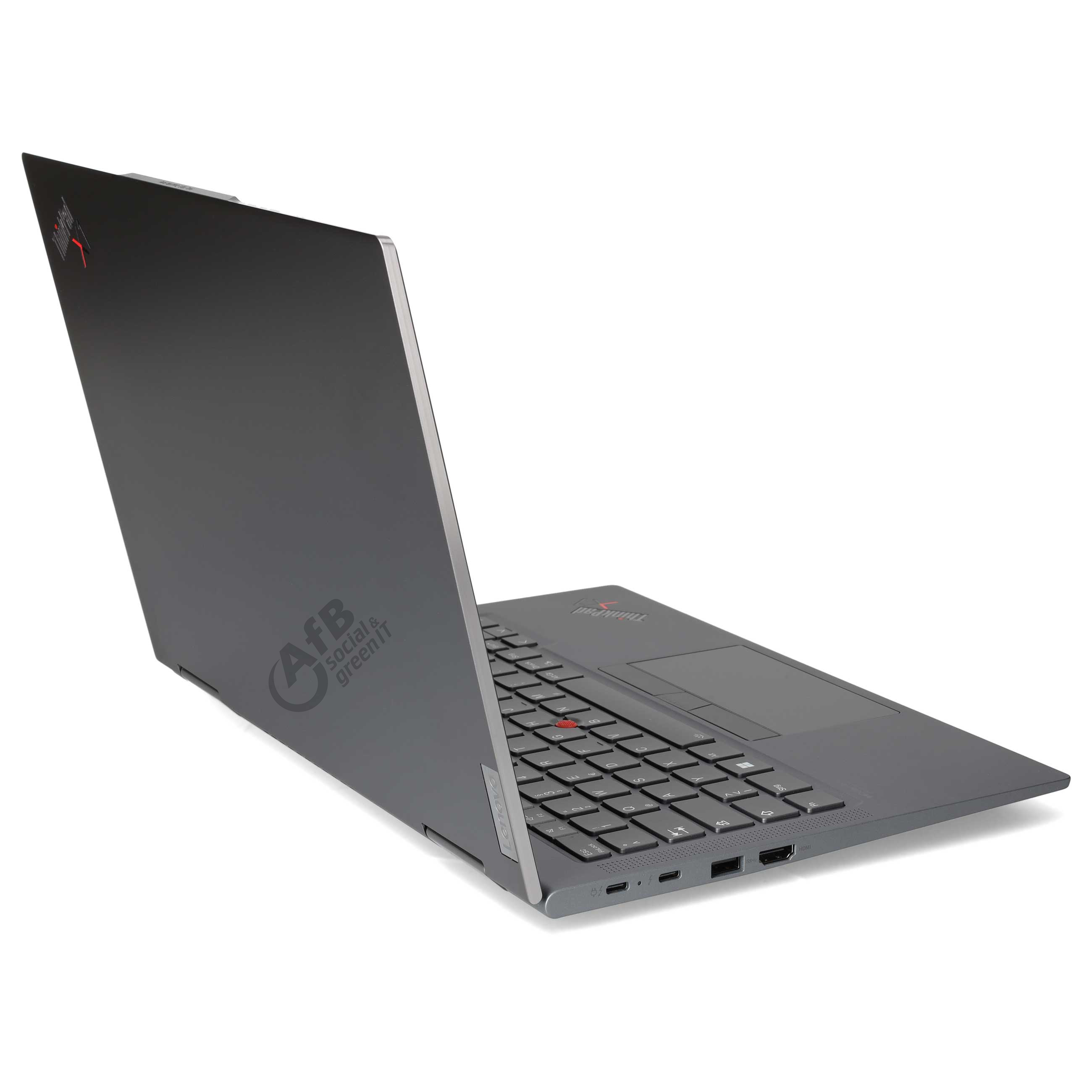 Ein grauer Lenovo ThinkPad Laptop ist auf einer weißen Oberfläche von schräg hinten zu sehen.