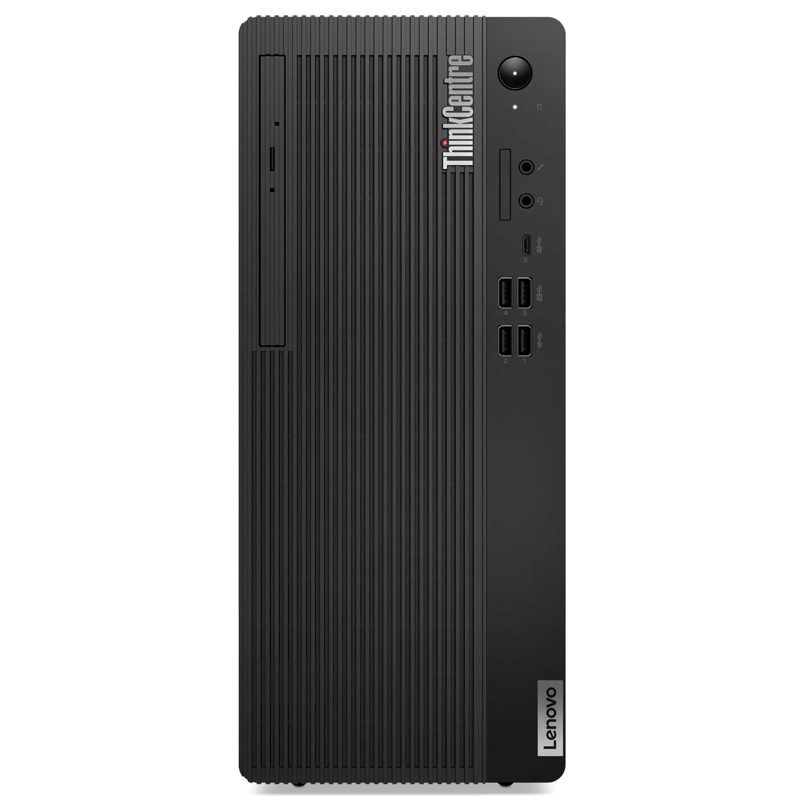 Schwarzer Lenovo ThinkCentre Desktop-Computer mit geripptem Frontpanel, USB-Anschlüssen und Audio-Buchsen.