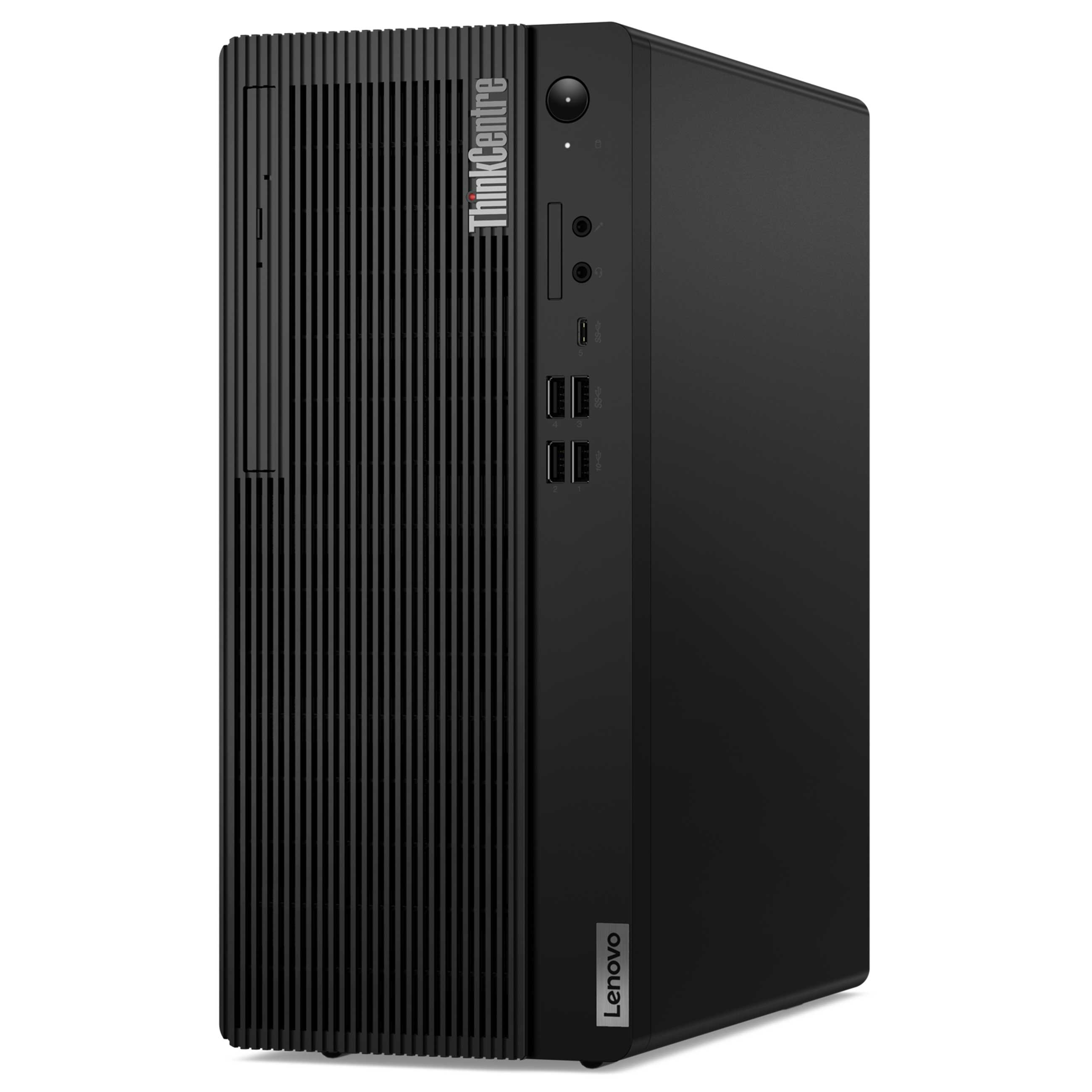 Ein schwarzer Lenovo ThinkCentre Desktop-Computer mit vertikalem Lüftungsgitter auf der Vorderseite.