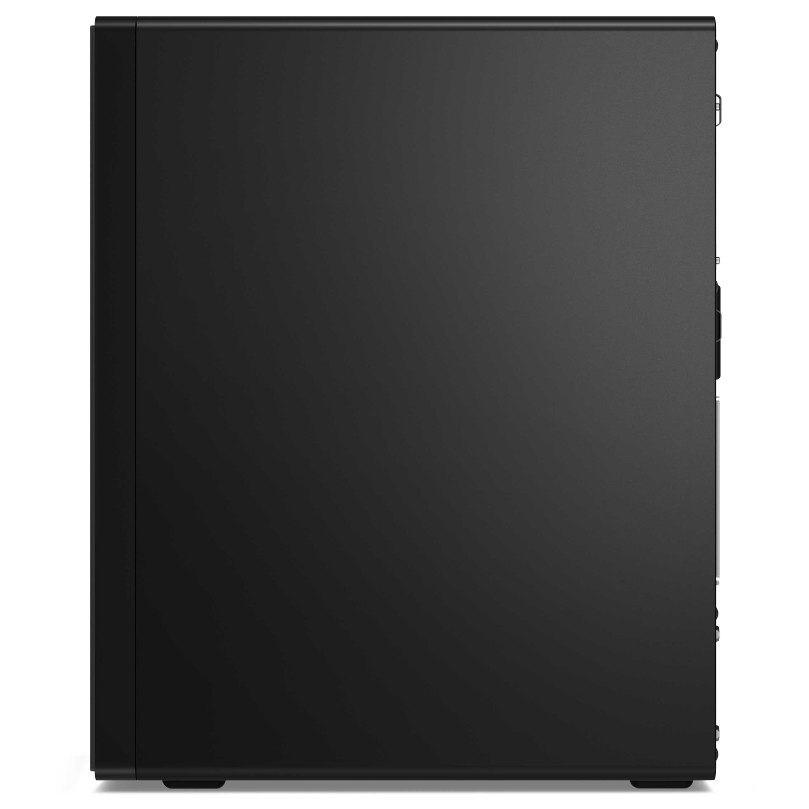 Schwarzer Desktop-PC-Tower in Seitenansicht vor weißem Hintergrund.