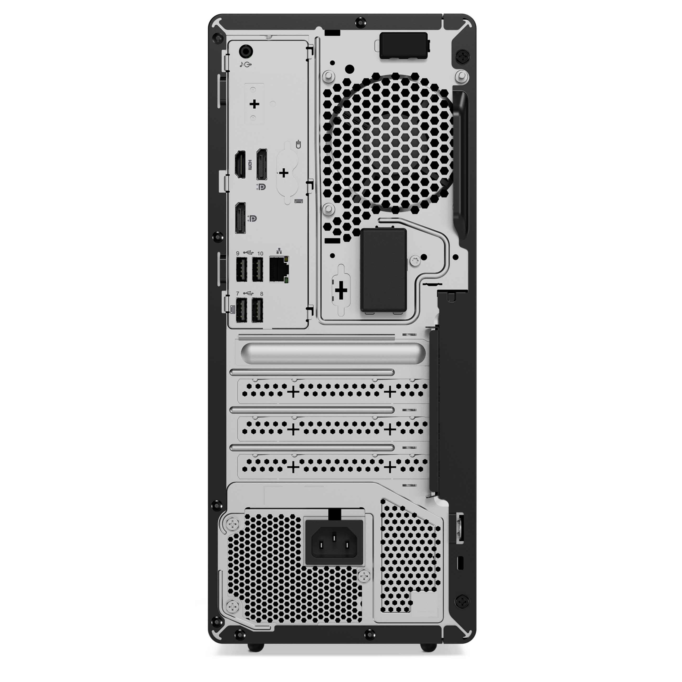 Rückseite eines Desktop-PCs mit verschiedenen Anschlüssen, Lüftungsgittern und Erweiterungssteckplätzen.