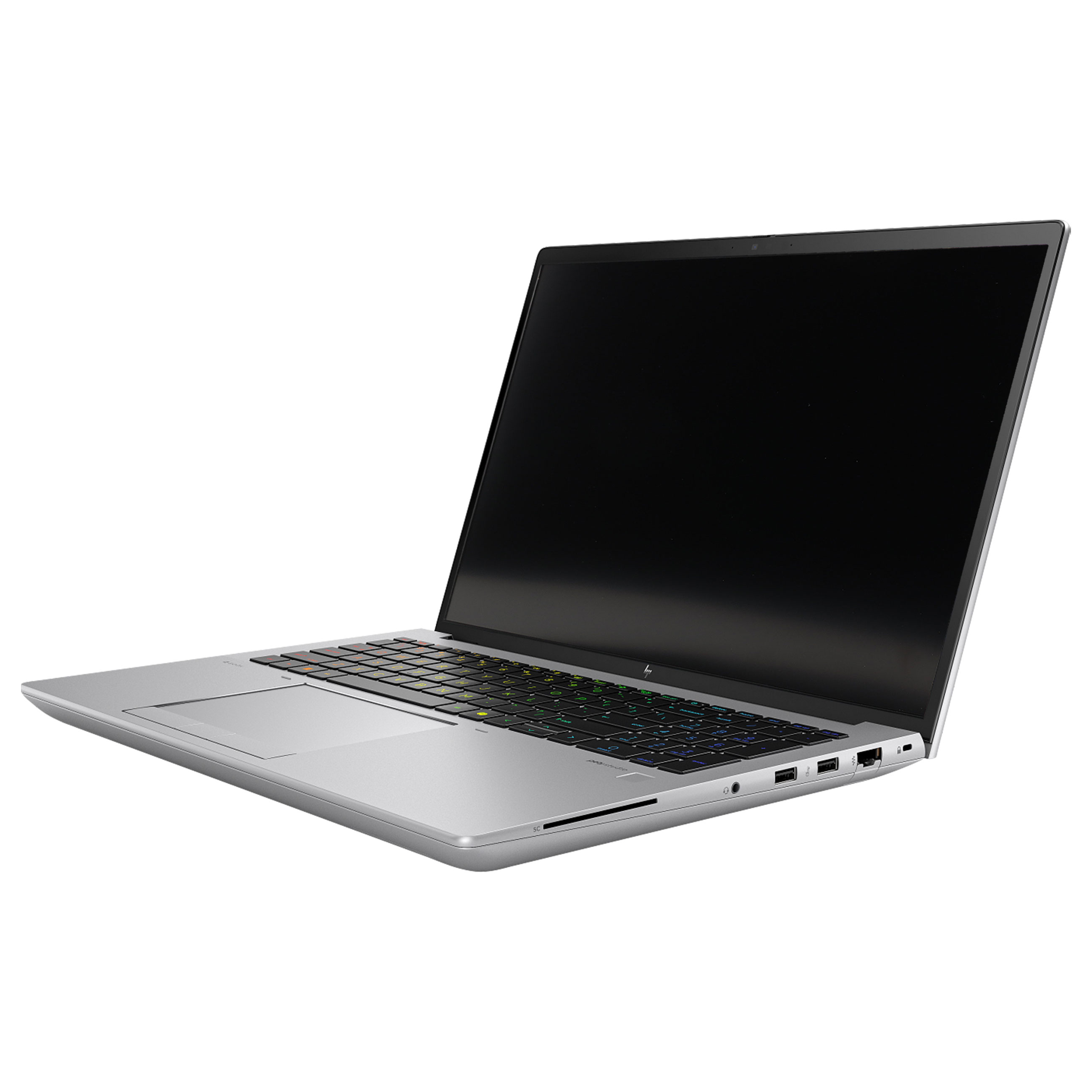 Ein silberner Laptop steht offen auf einer weißen Oberfläche mit schwarzem Bildschirm.