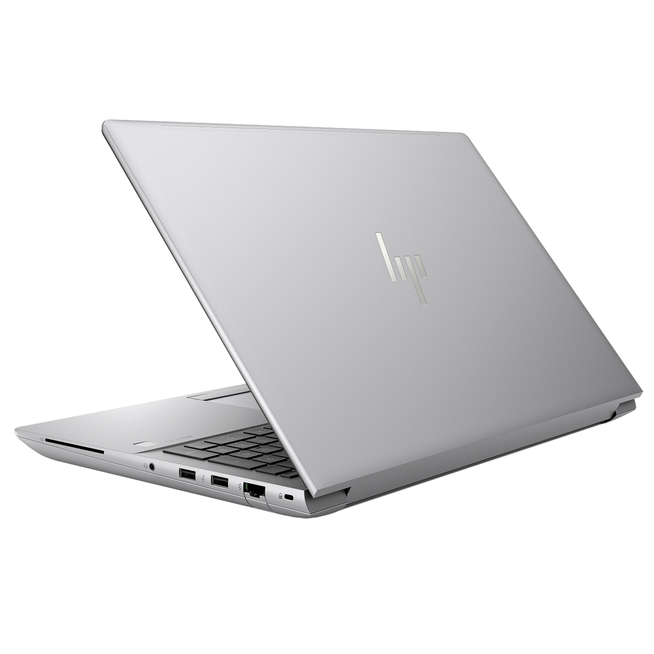 Silberner HP Laptop aus der Perspektive von hinten und der Seite auf weißem Hintergrund.