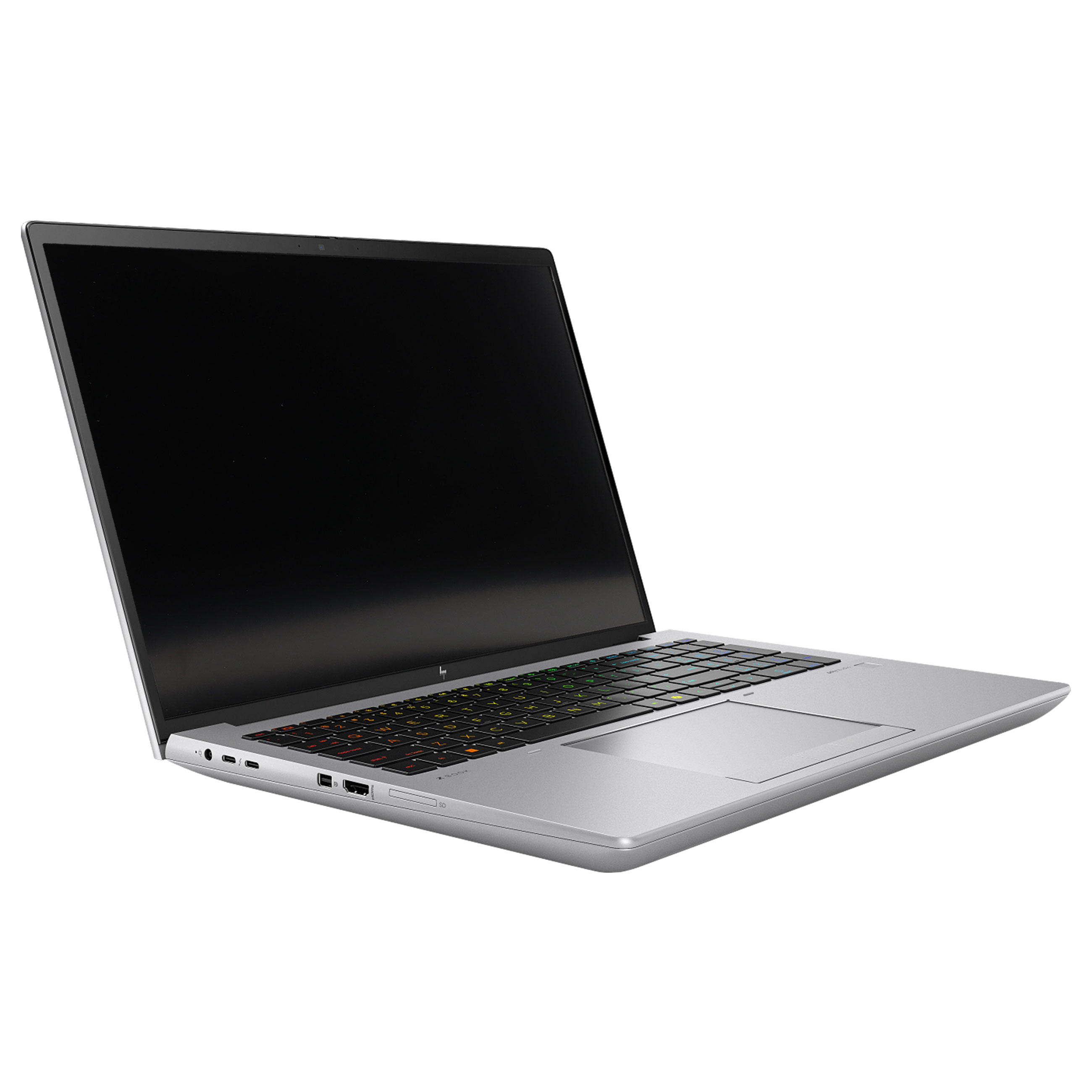 Ein silberner Laptop mit schwarzem Bildschirm und beleuchteter Tastatur steht schräg auf weißem Hintergrund.