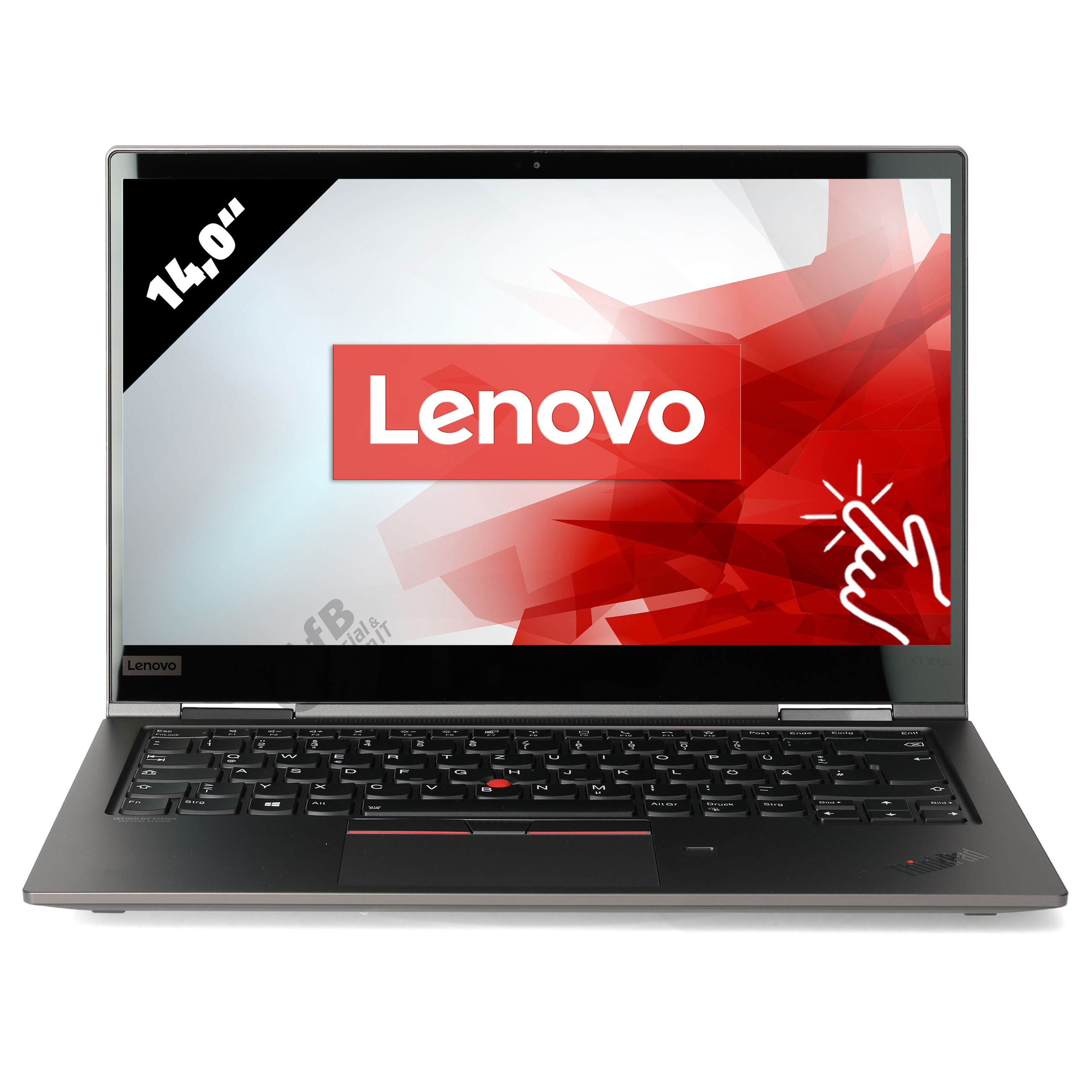 Ein Lenovo Laptop mit 14-Zoll-Bildschirm, rotem Logo und Touch-Symbol auf weißem Hintergrund, offen auf einem Tisch.