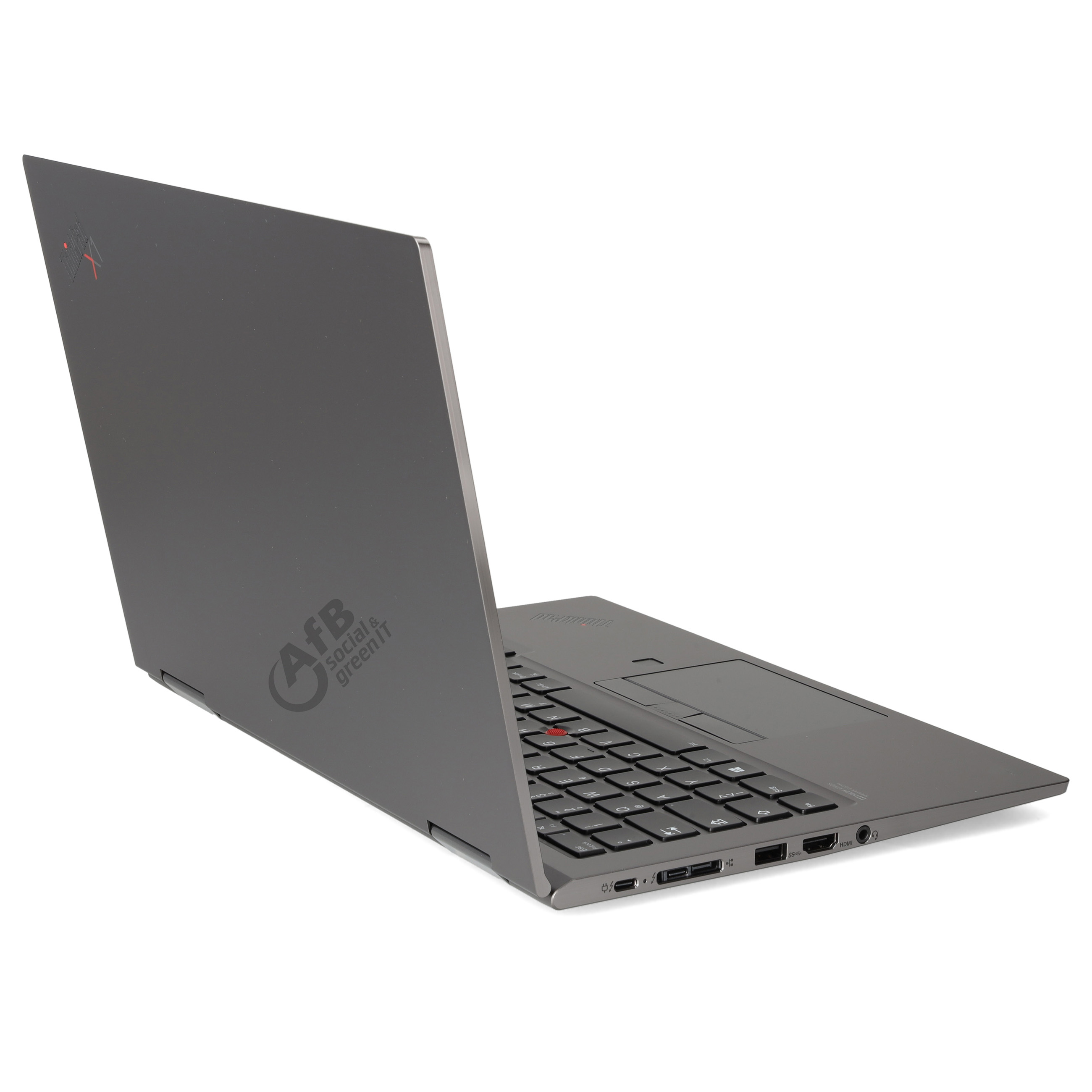 Ein grauer Laptop auf weißem Hintergrund, seitlich geöffnet mit Firmenlogo auf dem Deckel.