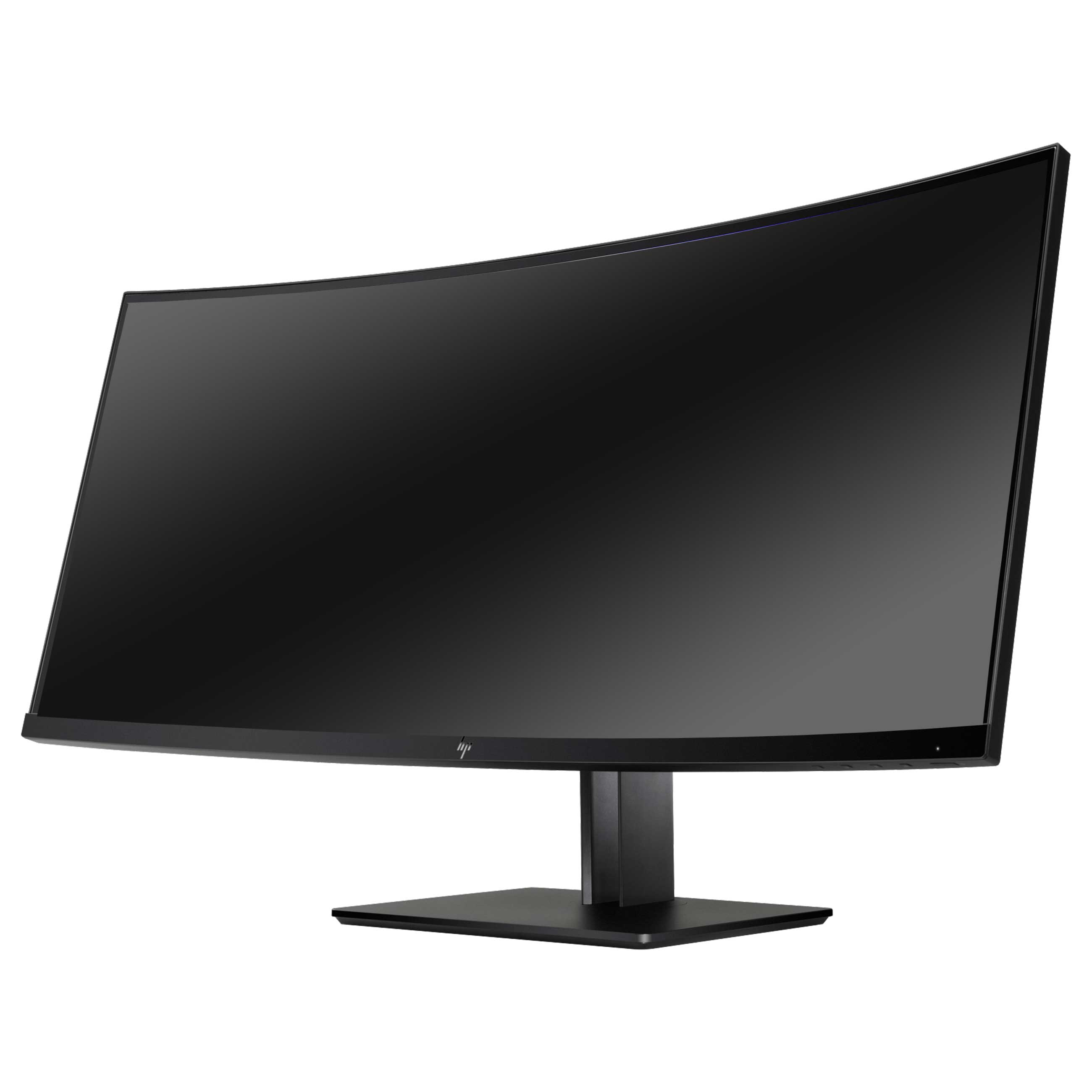 Ein moderner schwarzer Curved-Monitor mit einem stabilen Standfuß auf weißem Hintergrund.