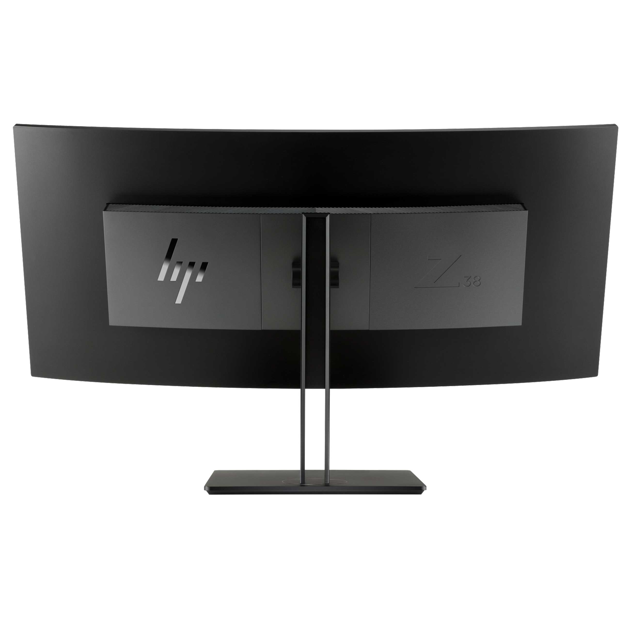 Rückseite eines gebogenen HP Z38 Monitors mit silbernem Logo und Standfuß auf weißem Hintergrund.