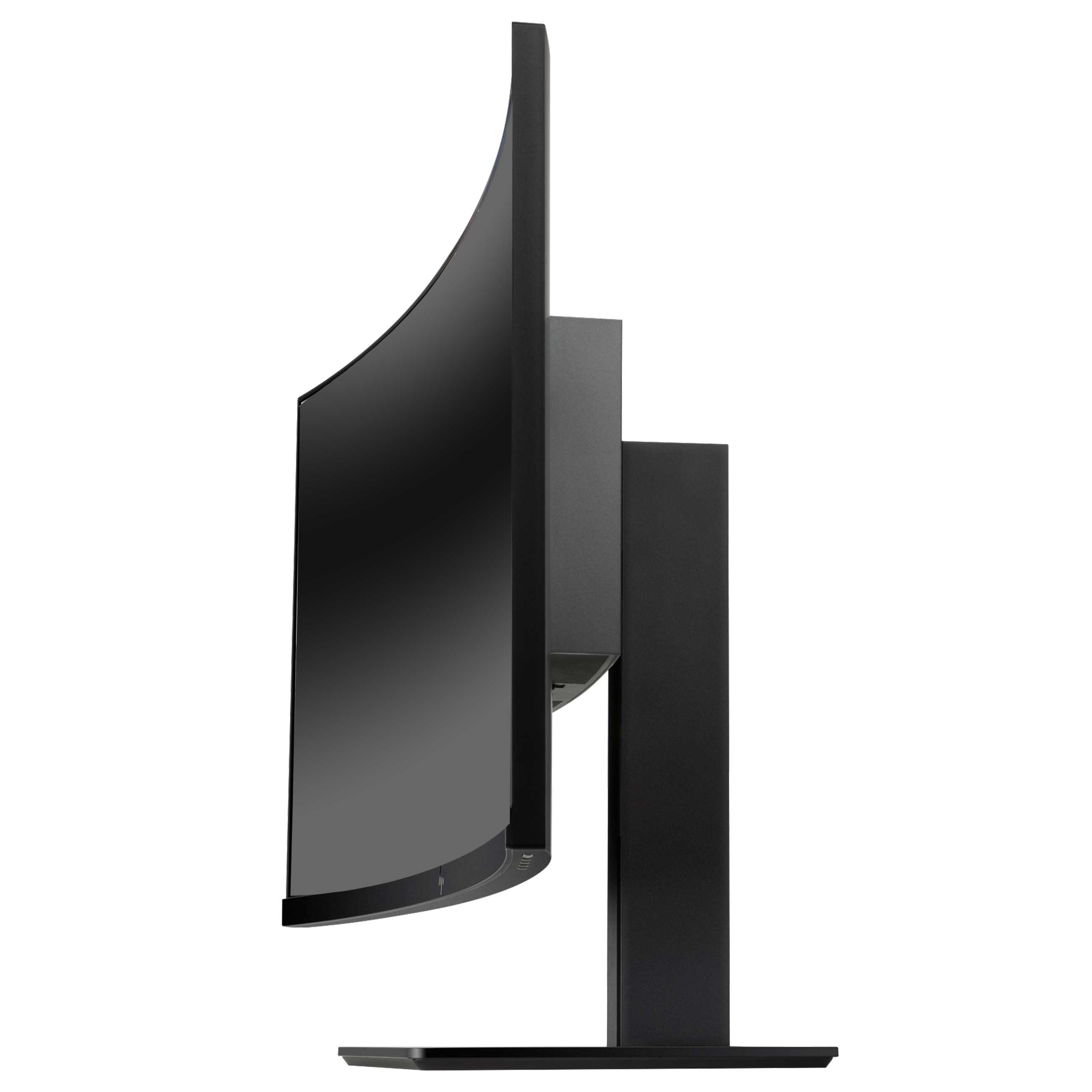 Seitenansicht eines schwarzen, gebogenen Computermonitors auf einem Standfuß vor weißem Hintergrund.