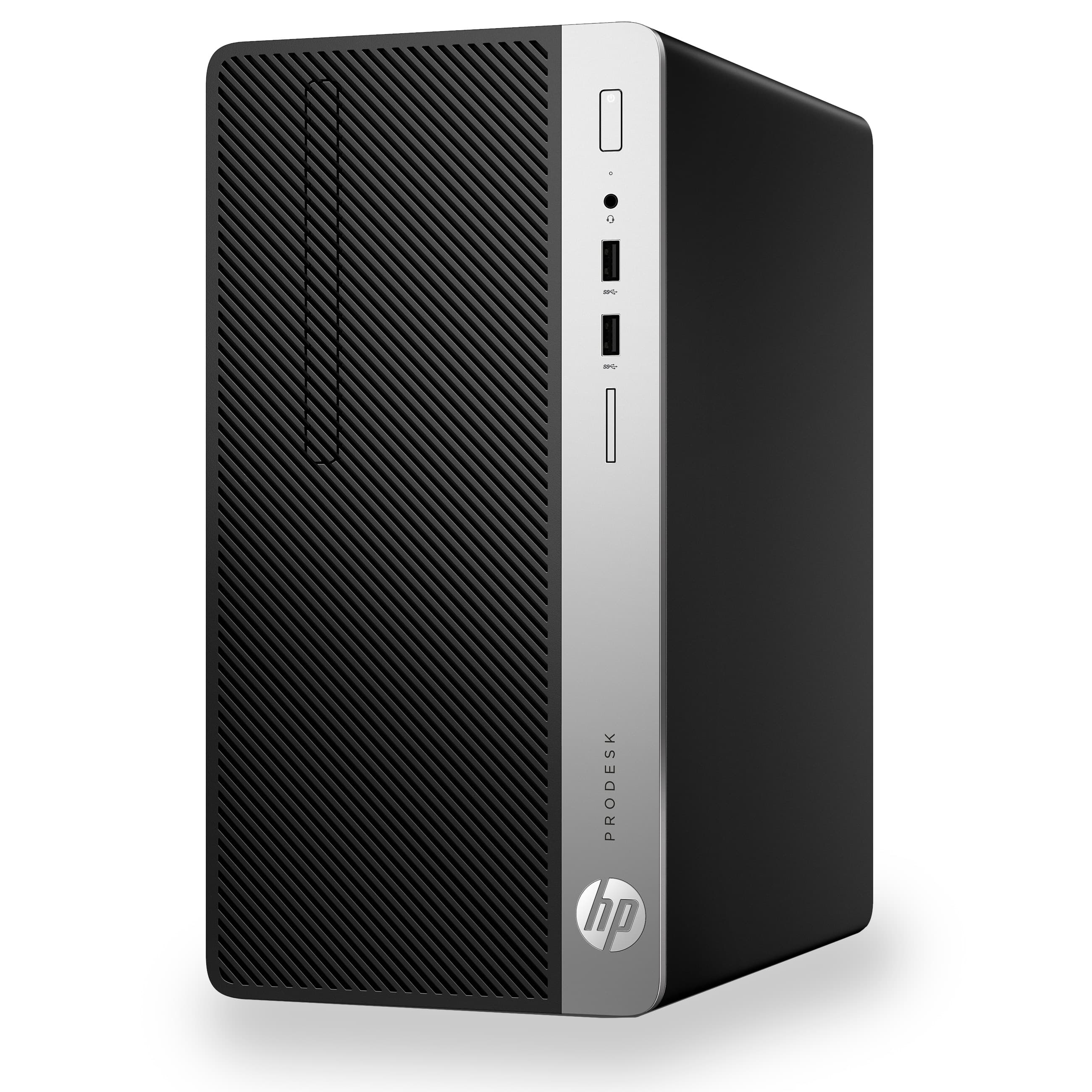 Ein schwarz-silberner HP ProDesk Desktop-Computer Tower steht senkrecht auf weißem Hintergrund.