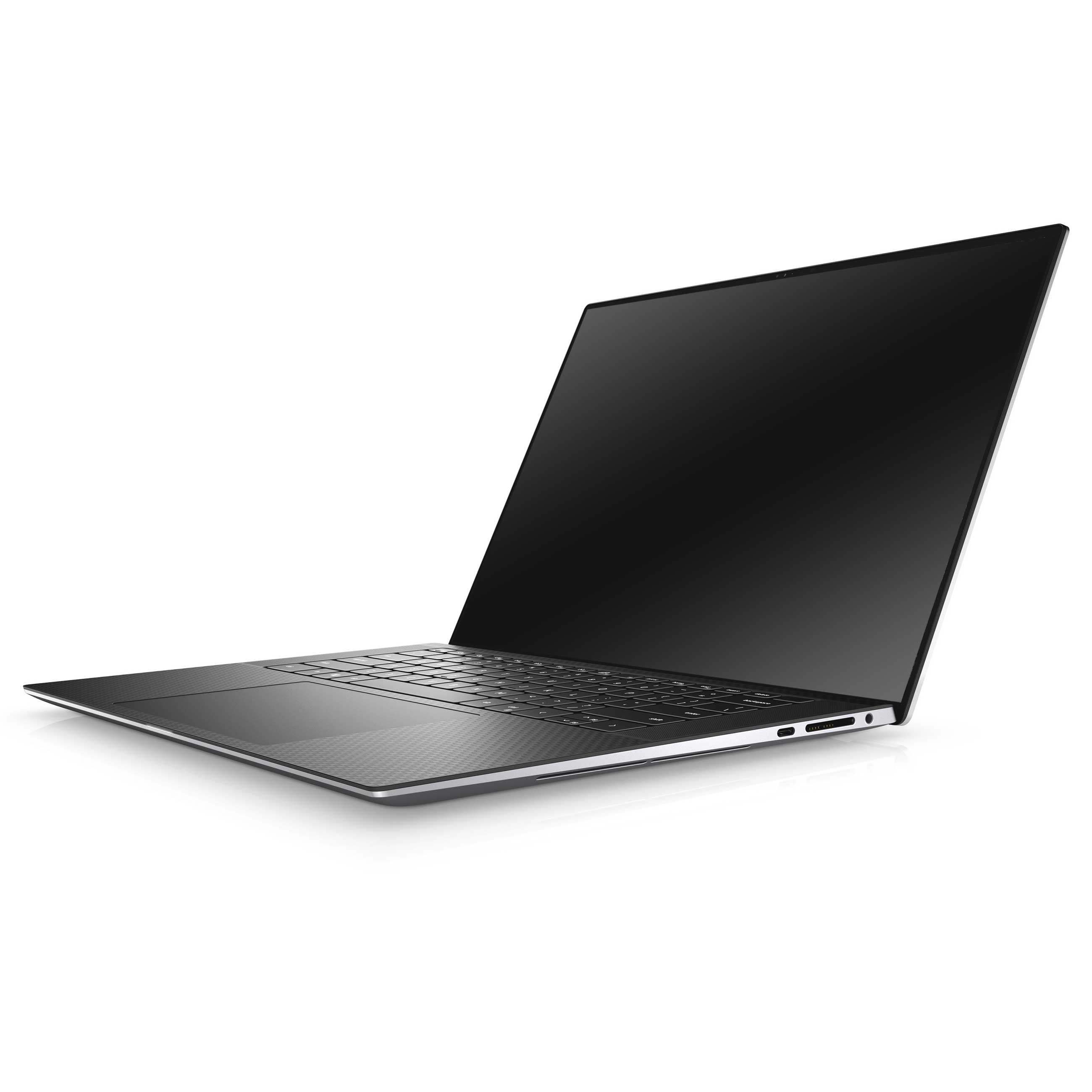 Ein schlanker Laptop mit schwarzem Bildschirm steht auf weißem Hintergrund.