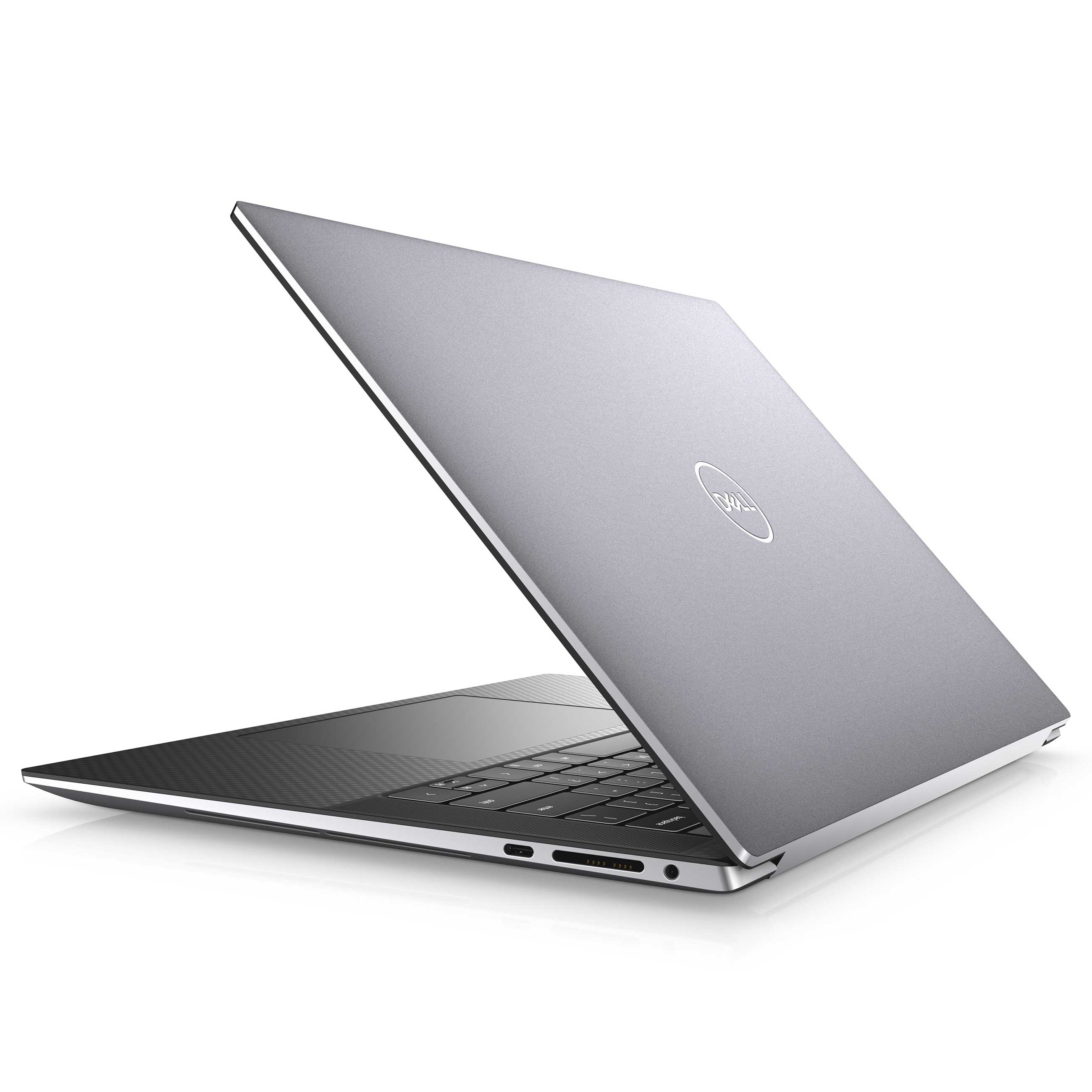 Ein silberner Dell-Laptop in leicht geöffneter Ansicht auf weißem Hintergrund.