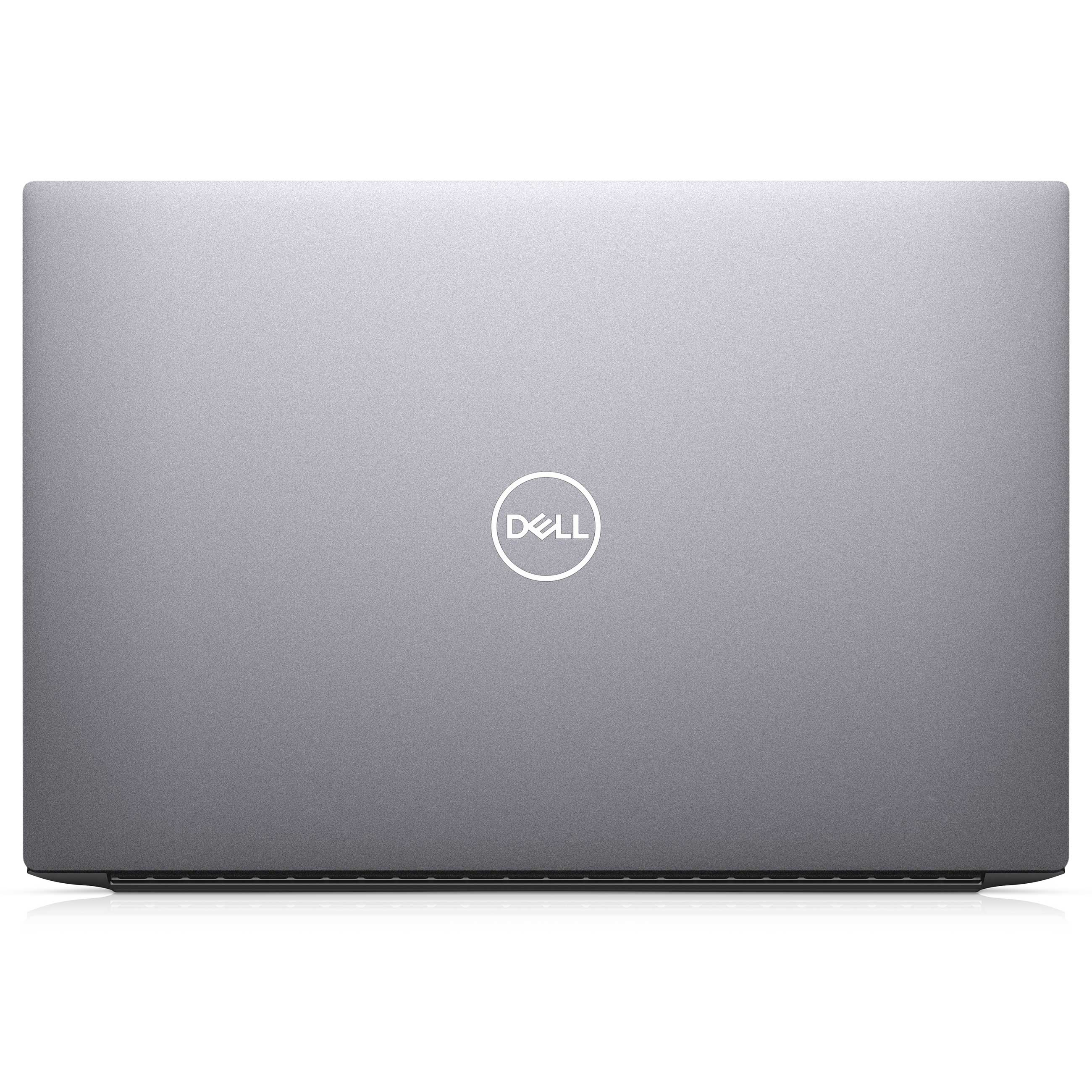 Geschlossener grauer Dell Laptop von oben mit silbernem Logo auf weißem Hintergrund.