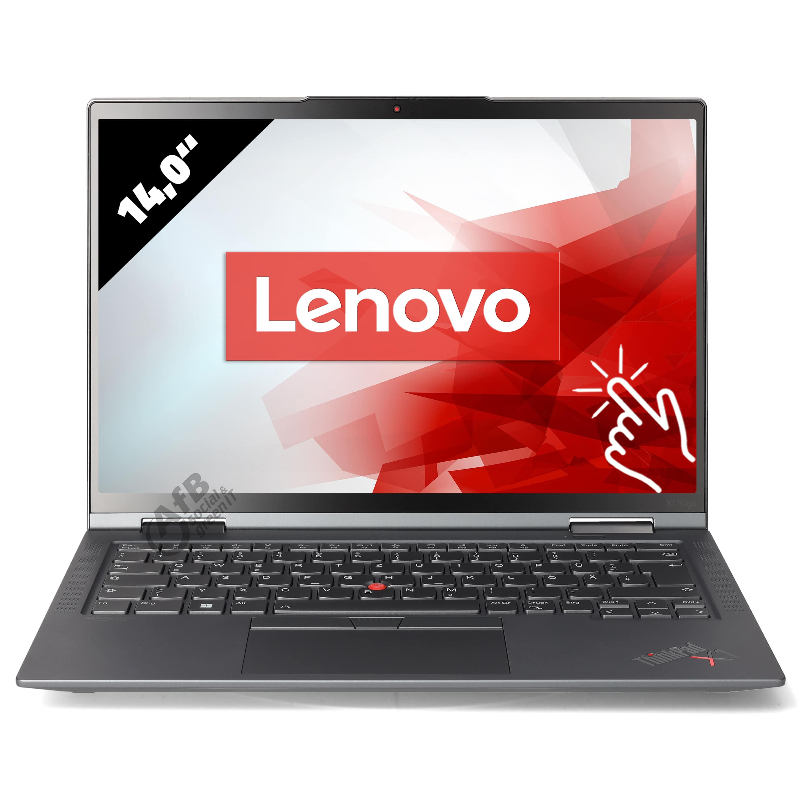 Ein grauer Lenovo Laptop mit 14-Zoll-Bildschirm, rotem Logo und Tastatur auf weißem Hintergrund.