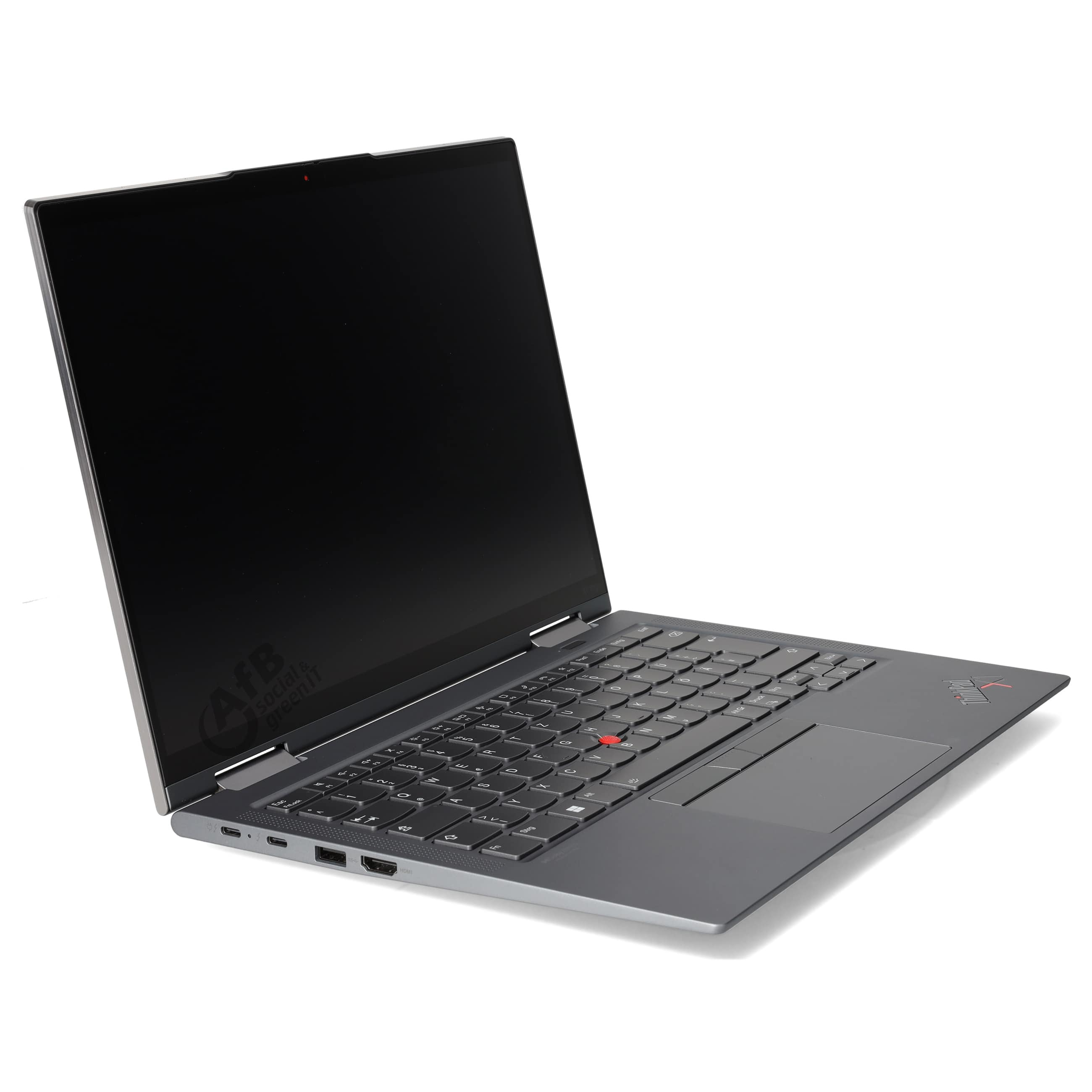 Ein grauer Laptop ist auf einer weißen Oberfläche geöffnet und zeigt Tastatur und Bildschirm.