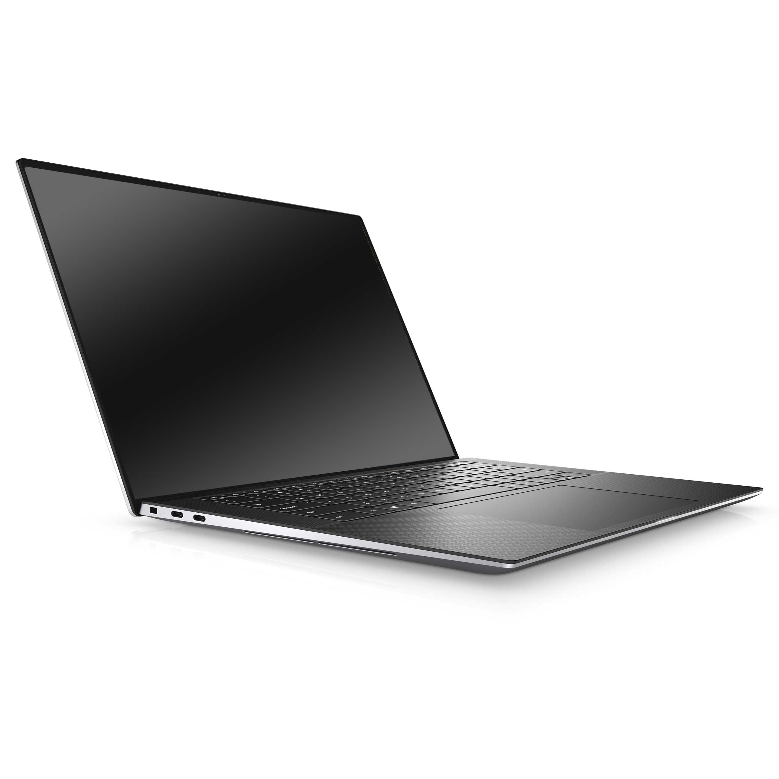 Ein silberner Laptop mit schwarzem Bildschirm und Tastatur steht auf einer weißen Oberfläche.